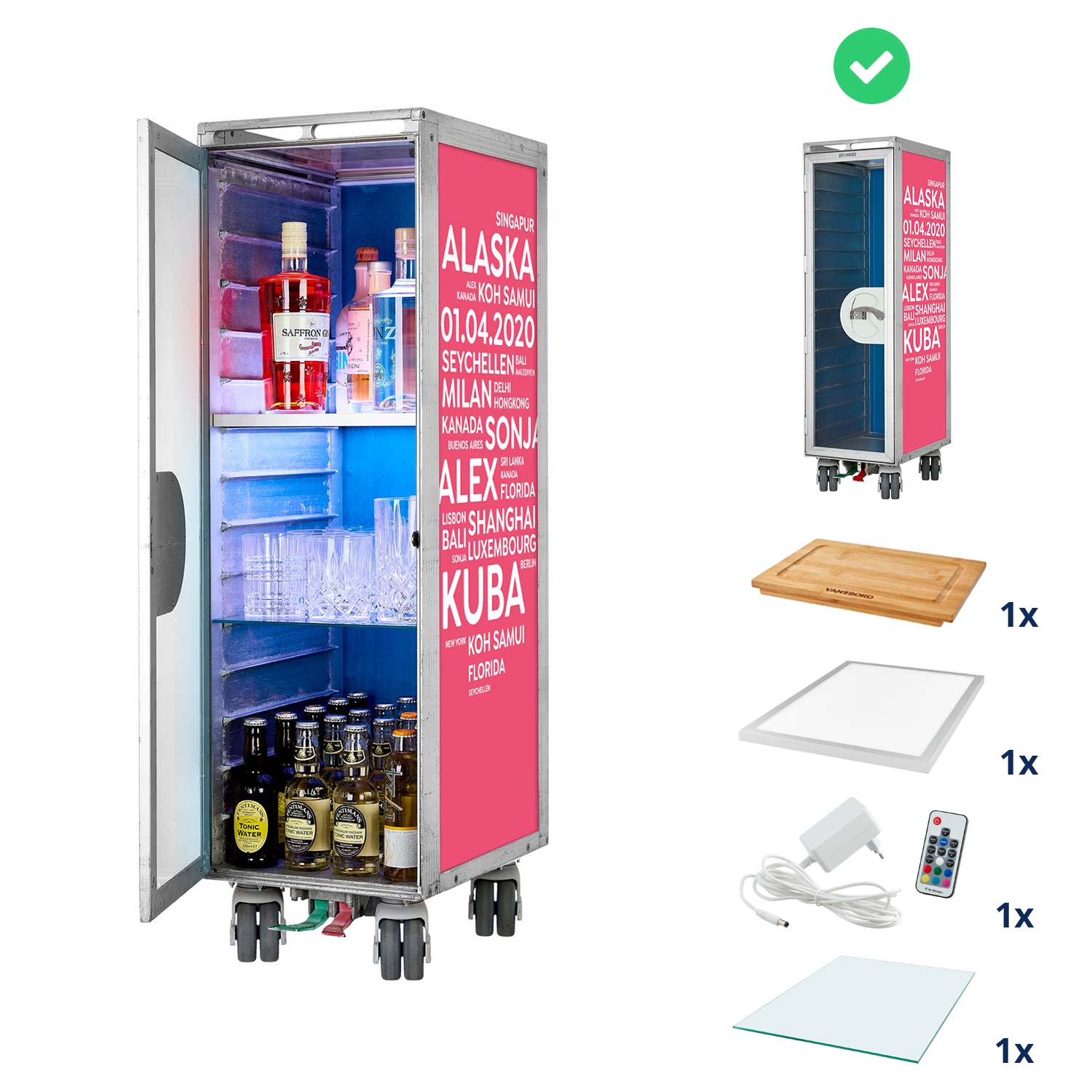 Bartrolley City mit Deinen Begriffen Pink inkl. LED-Leuchtfachboden, Barbrett & Fachboden aus Glas
