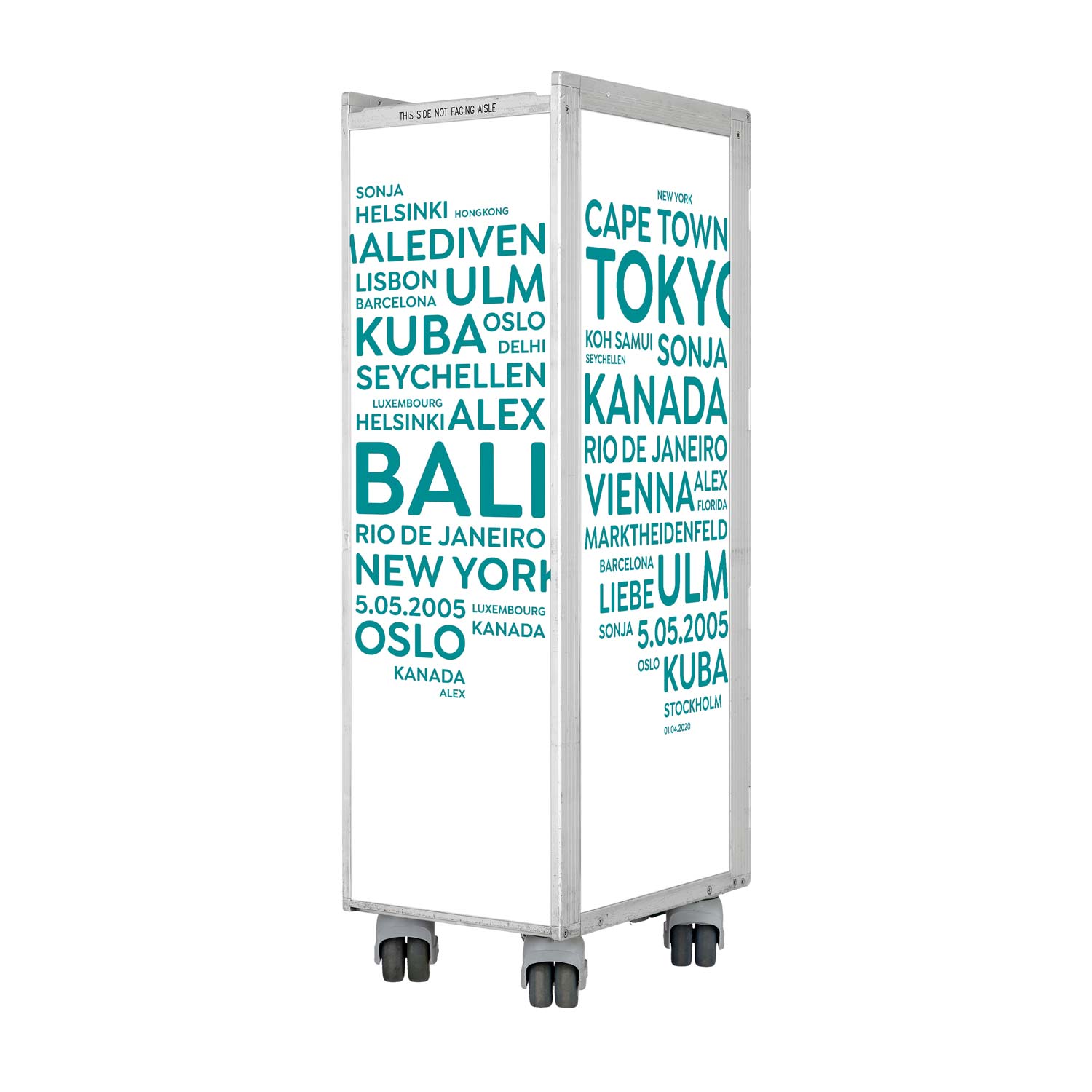 Airline Cart Bar Cities with YOUR TERMS White-Turquoise incl. LED Shelf, small Cutting Board & Glass Shelf