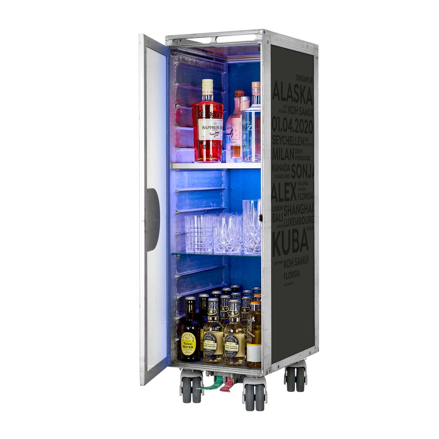 Bartrolley City mit Deinen Begriffen Anthrazit inkl. LED-Leuchtfachboden, Barbrett & Fachboden aus Glas