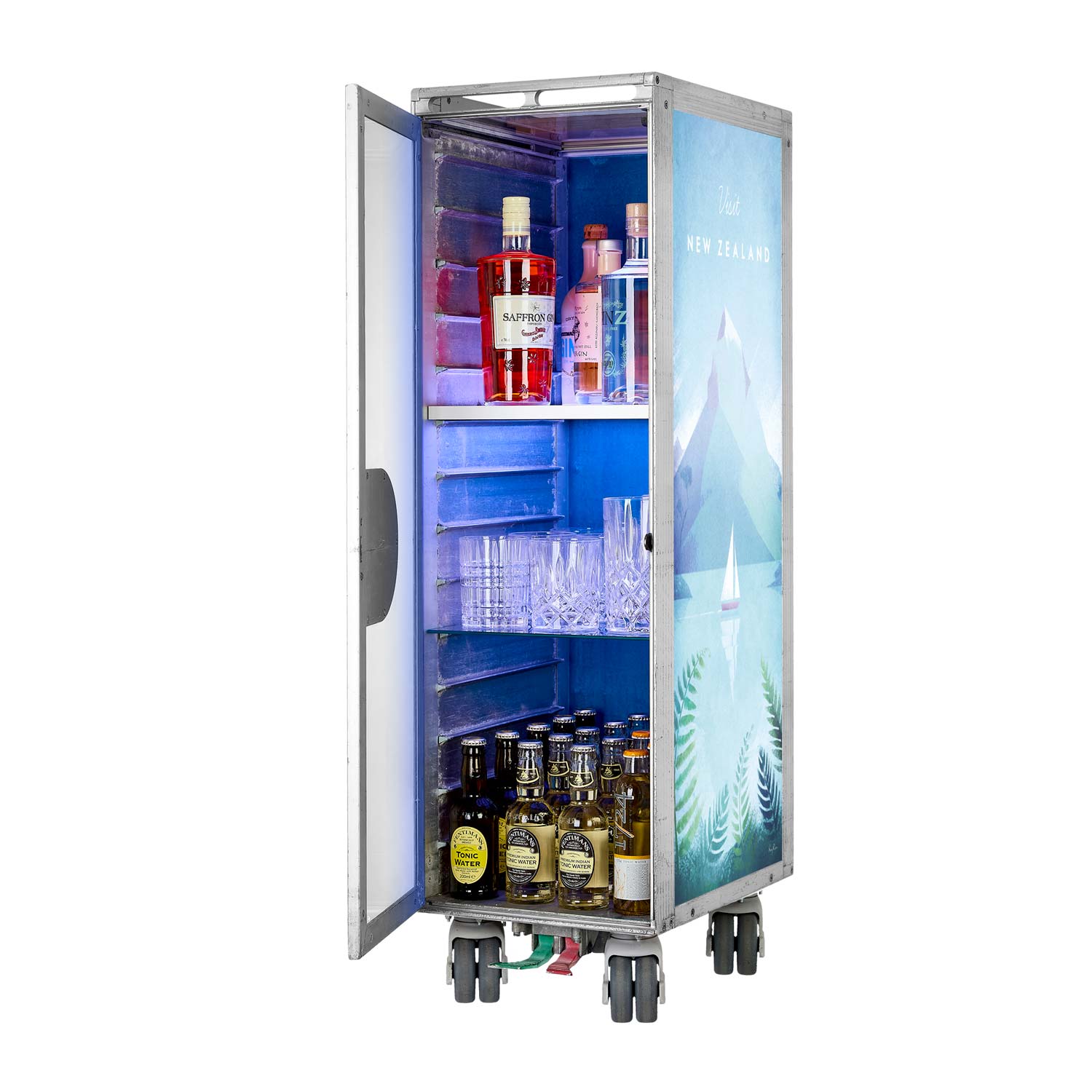 Airline Cart Bar Henry Rivers Edition Visit New Zealand incl. LED Shelf, small Cutting Board & Glass Shelf