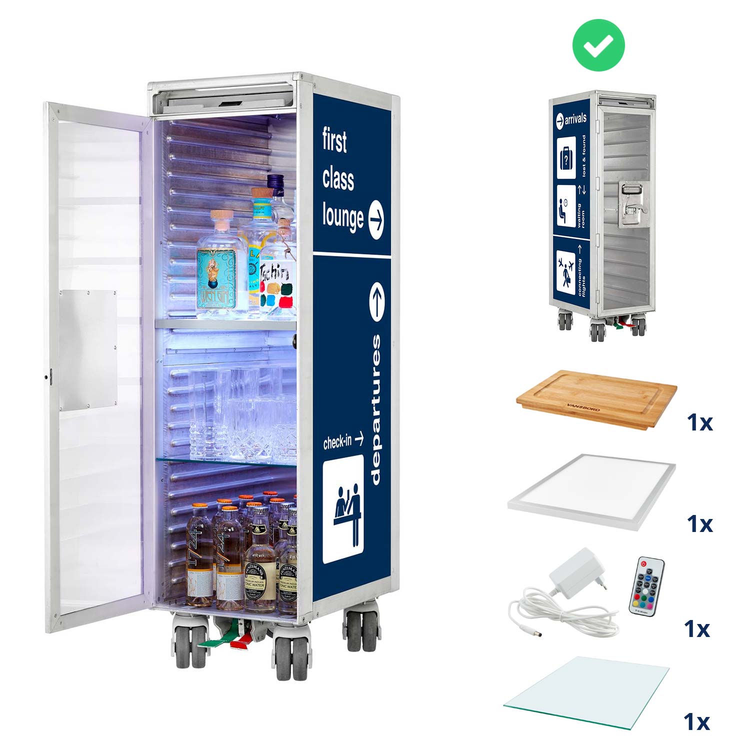 Bartrolley Bon Voyage Blau inkl. LED-Leuchtfachboden, Barbrett & Fachboden aus Glas
