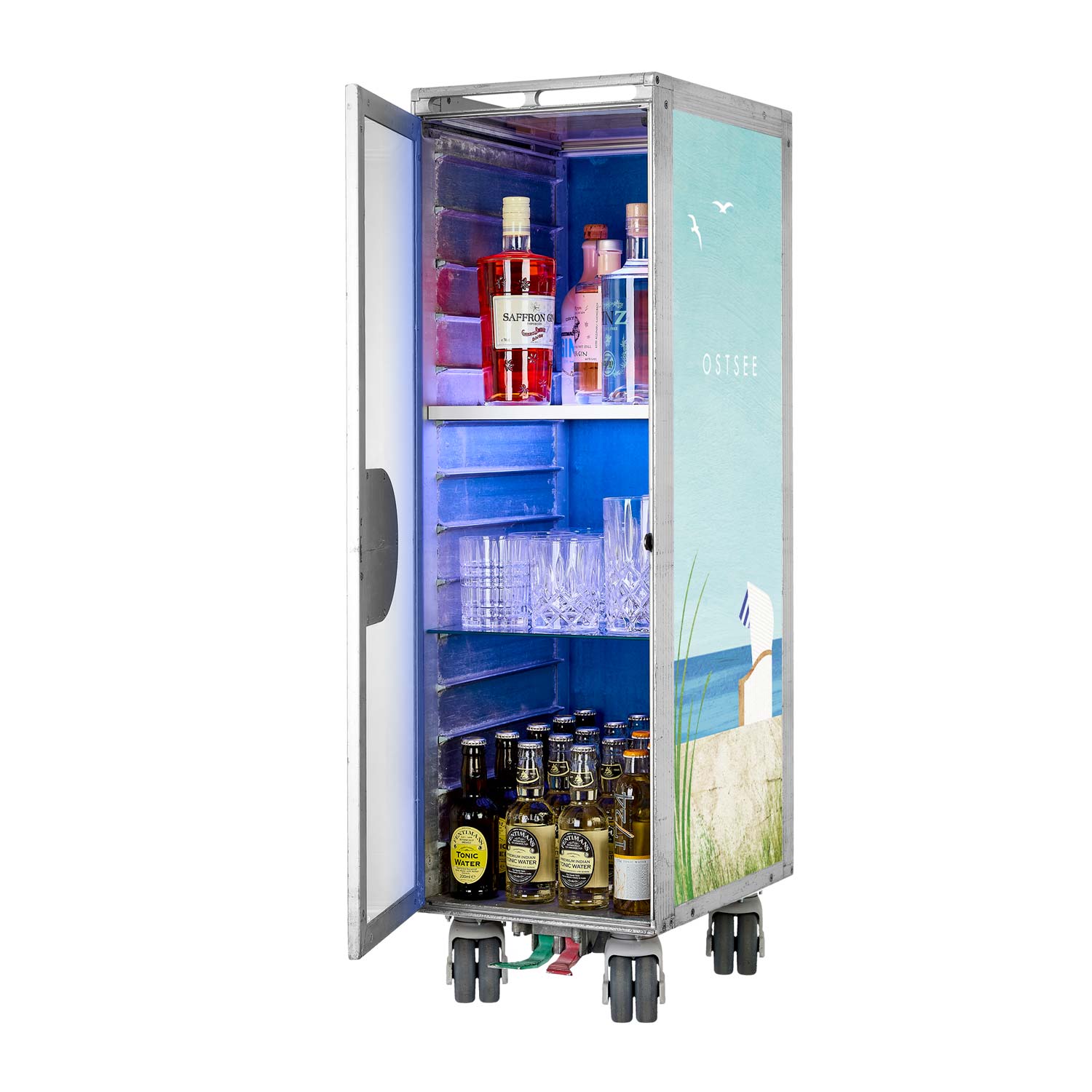 Airline Cart Bar Henry Rivers Edition Visit Ostsee incl. LED Shelf, small Cutting Board & Glass Shelf