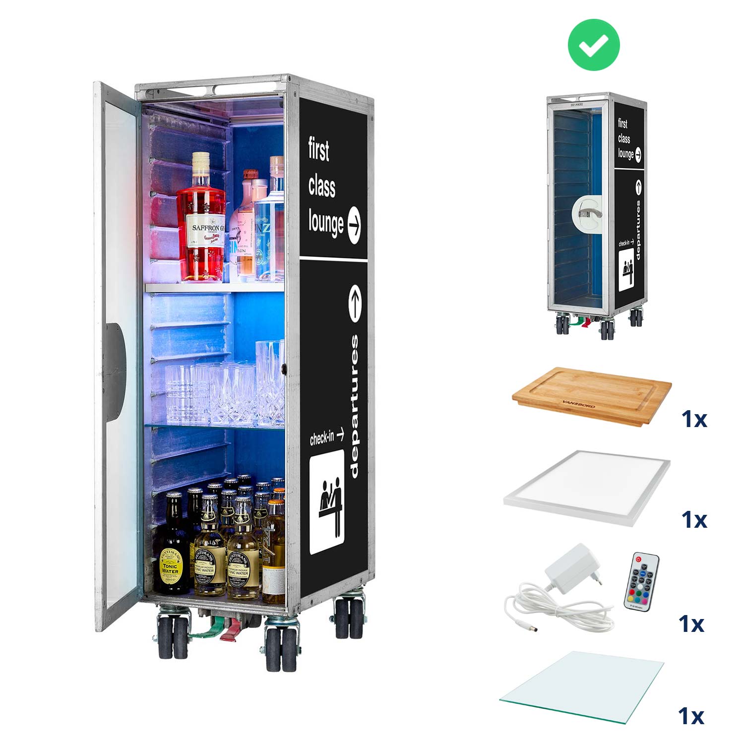 Airline Cart Bar Bon Voyage Black incl. LED Shelf, small Cutting Board & Glass Shelf