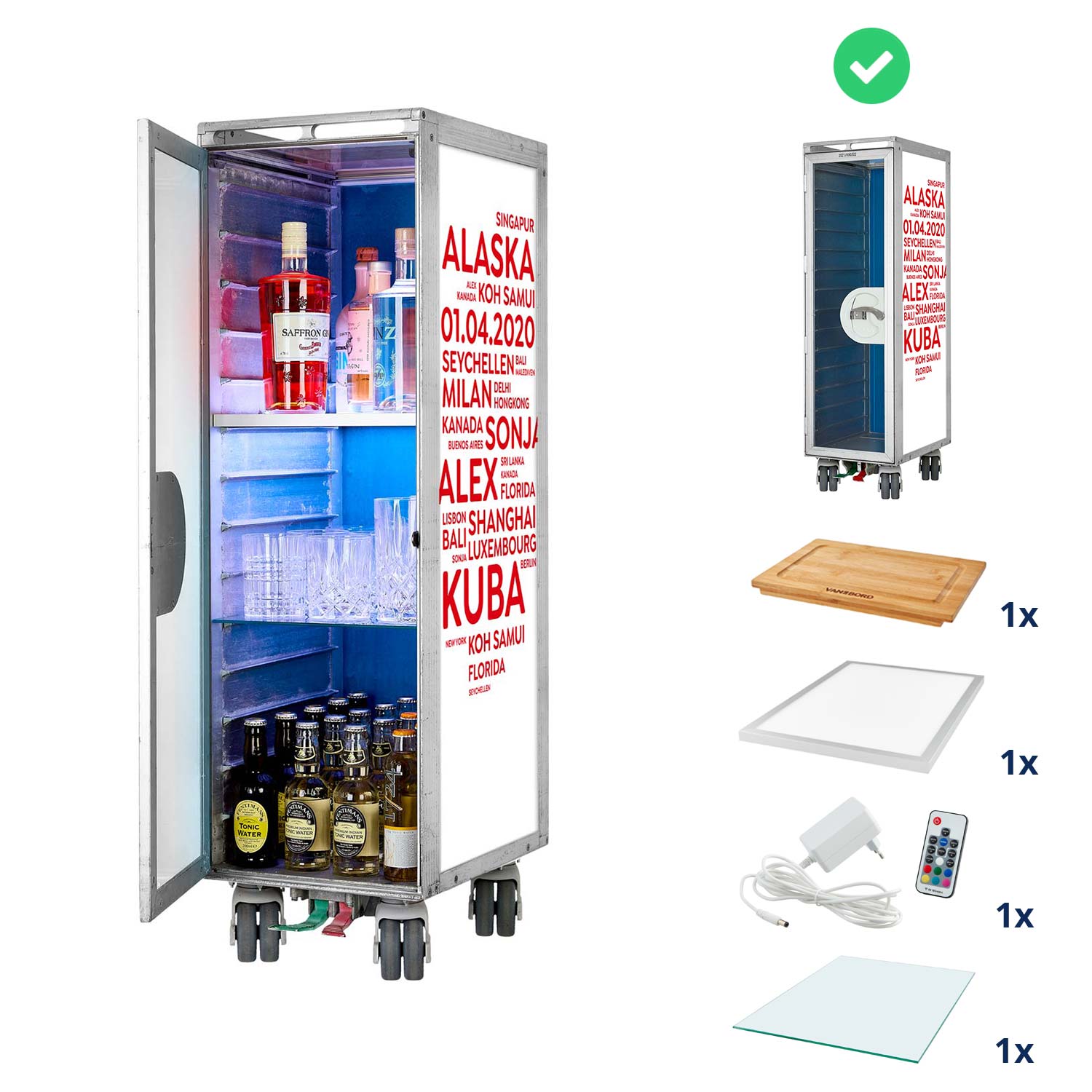 Airline Cart Bar Cities with YOUR TERMS White-Red incl. LED Shelf, small Cutting Board & Glass Shelf