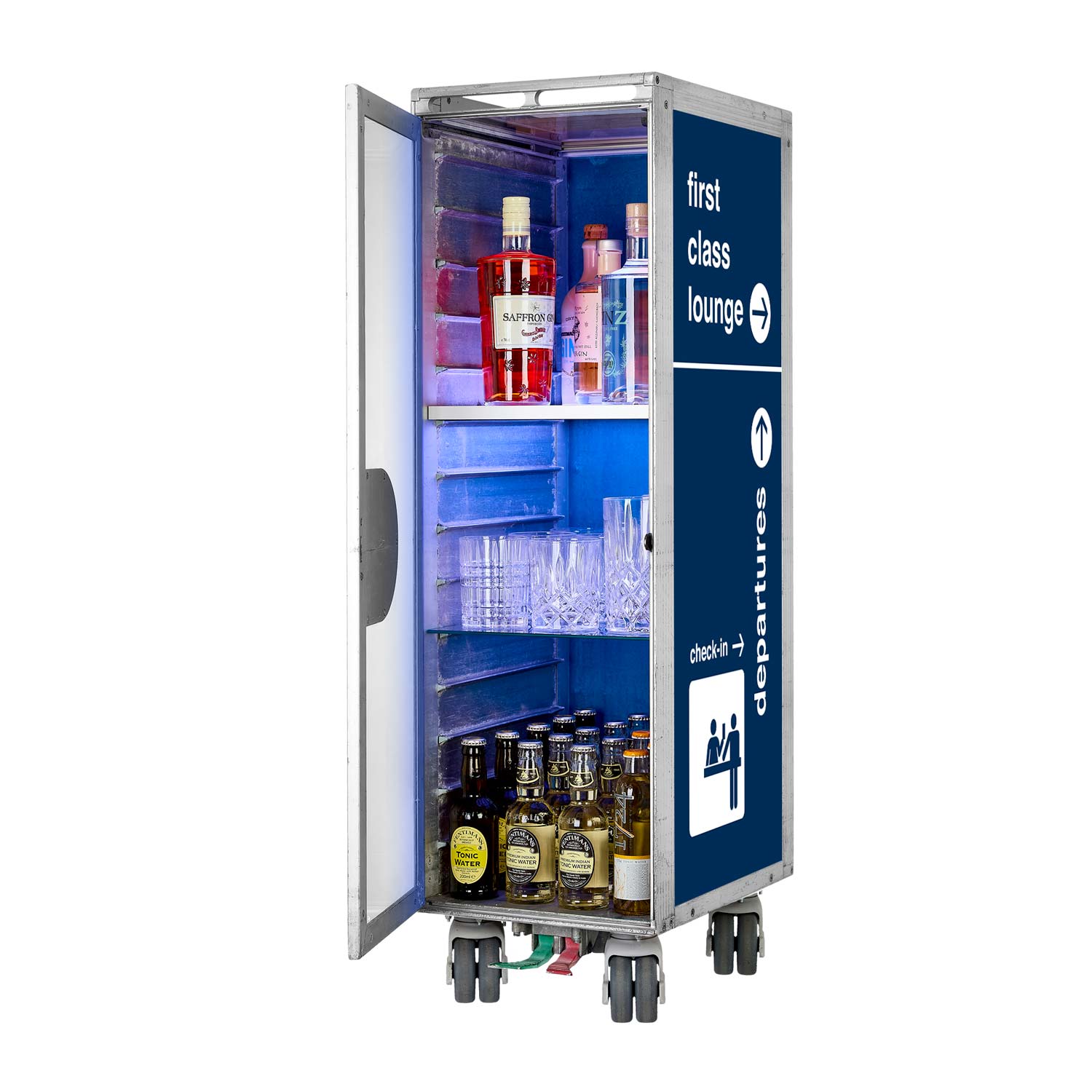 Bartrolley Bon Voyage Blau inkl. LED-Leuchtfachboden, Barbrett & Fachboden aus Glas