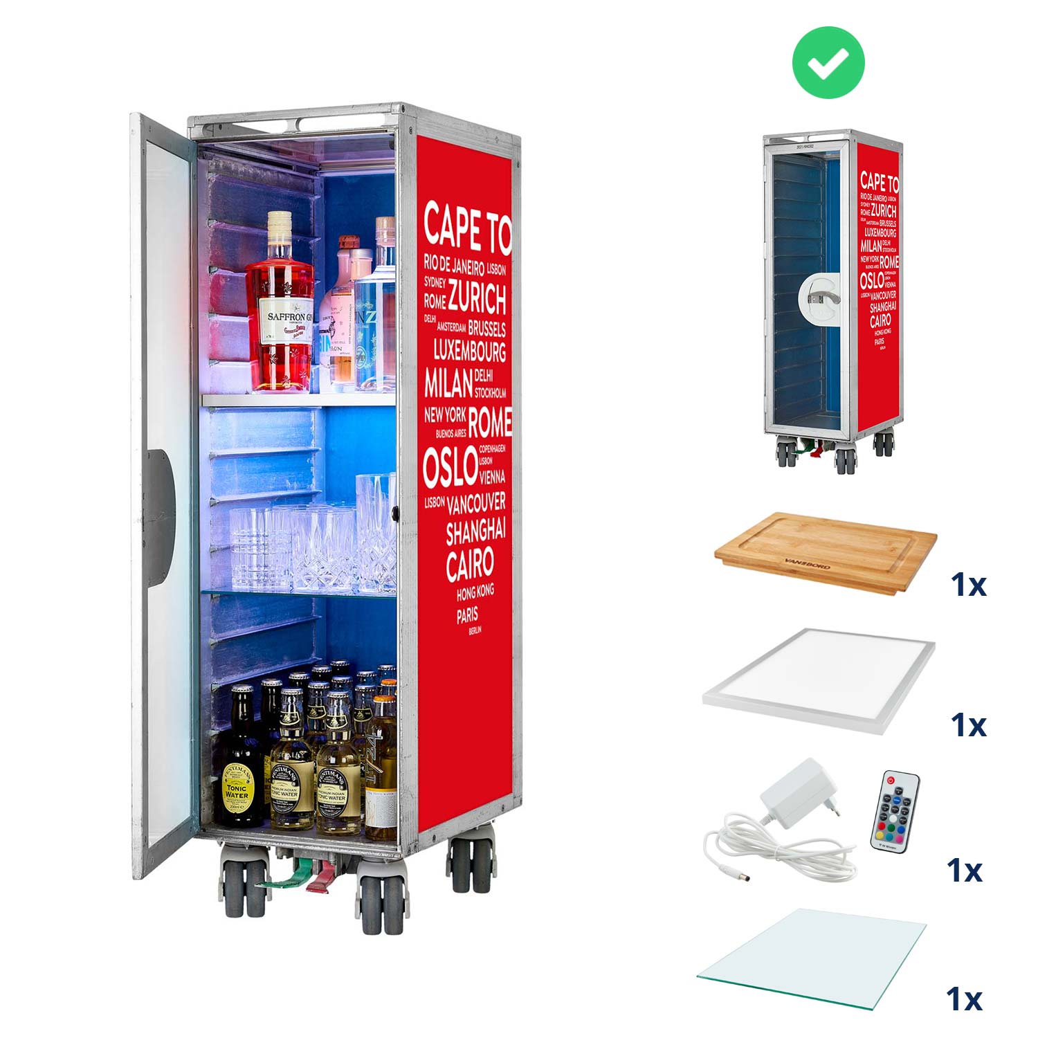 Bartrolley City Rot inkl. LED-Leuchtfachboden, Barbrett & Fachboden aus Glas
