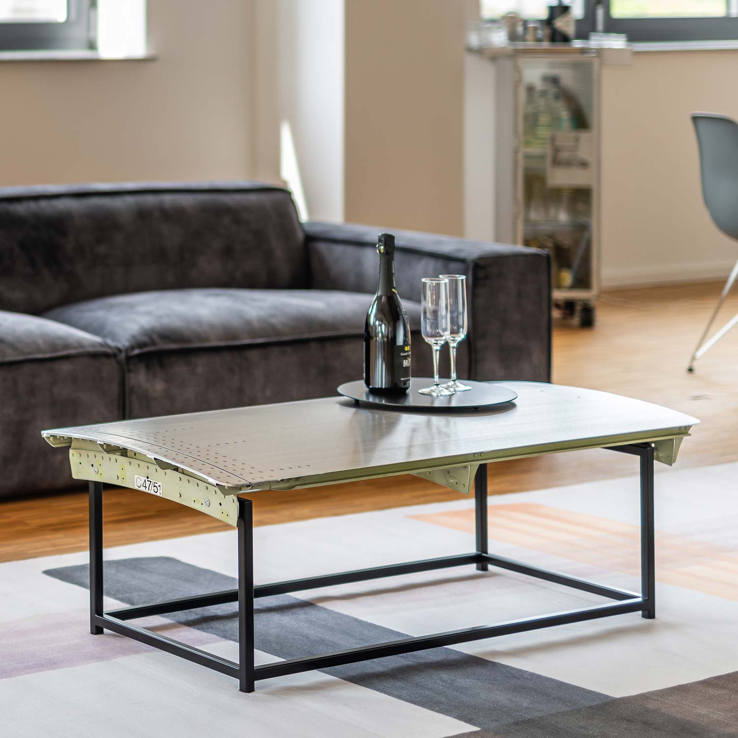 Coffee Table from Aircraft Parts, Brushed Aluminum, Frame: Black, approx. 116 x 59 cm