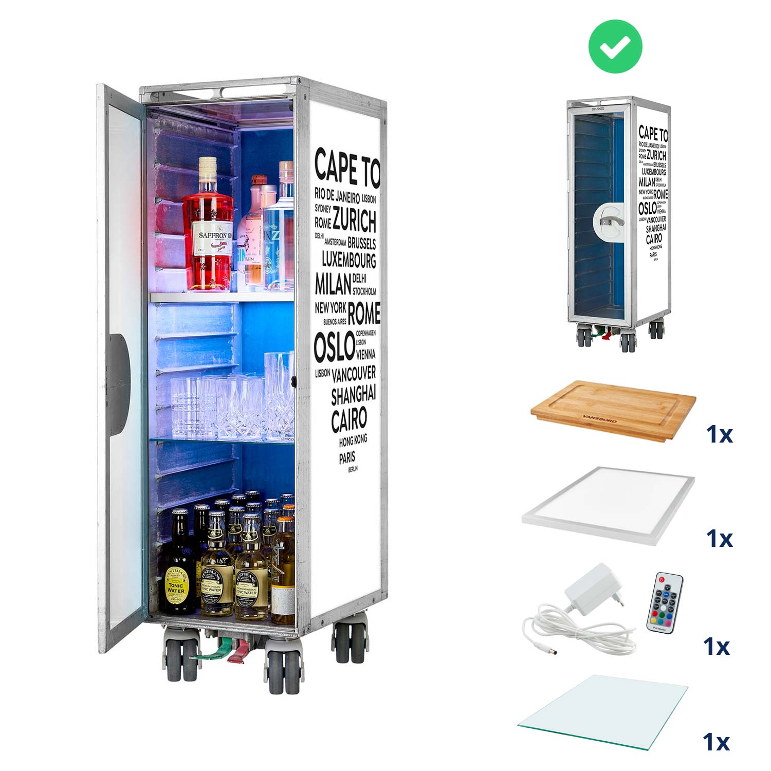 Bartrolley City Weiss inkl. LED-Leuchtfachboden, Barbrett & Fachboden aus Glas