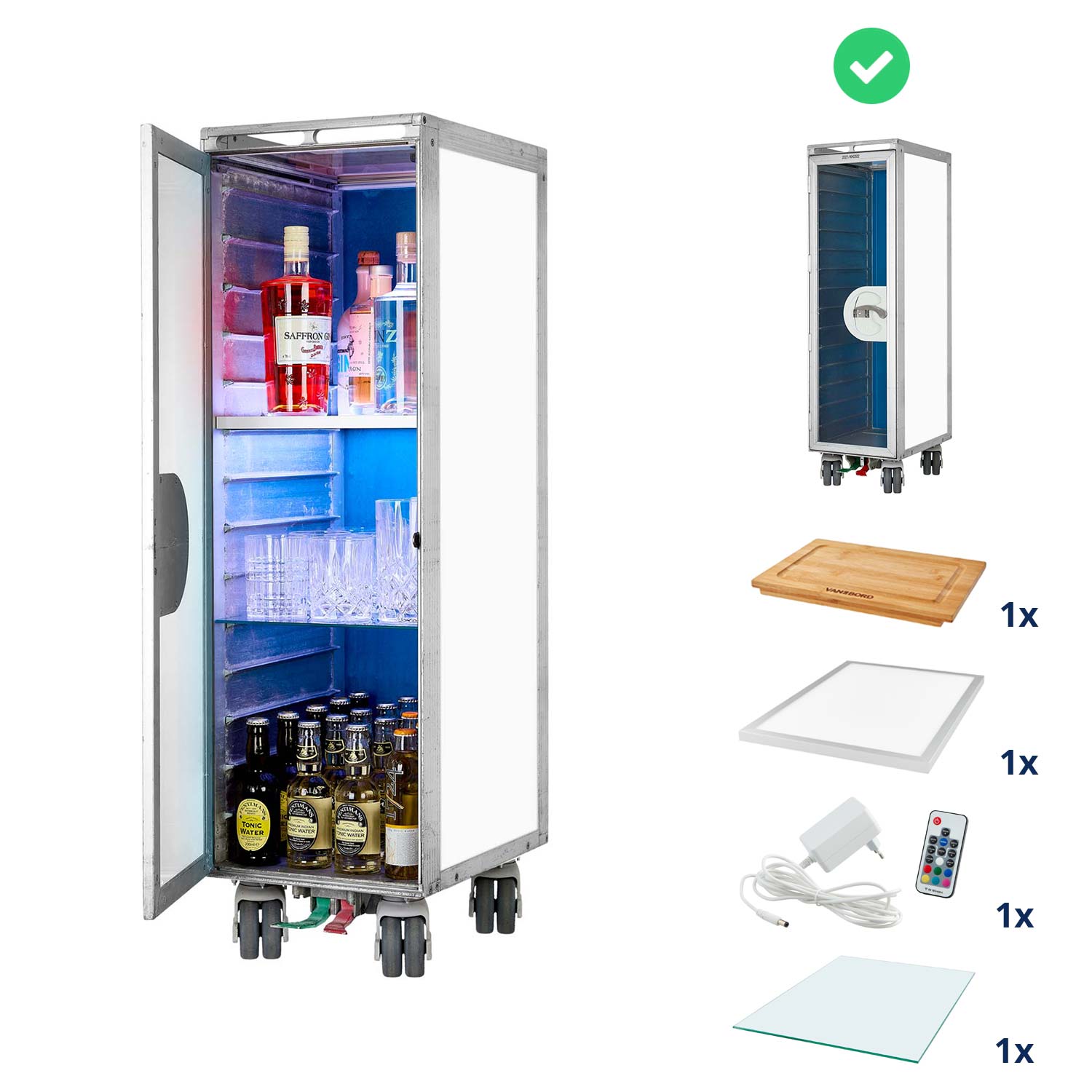 Bartrolley Whiteboard inkl. LED-Leuchtfachboden, Barbrett & Fachboden aus Glas