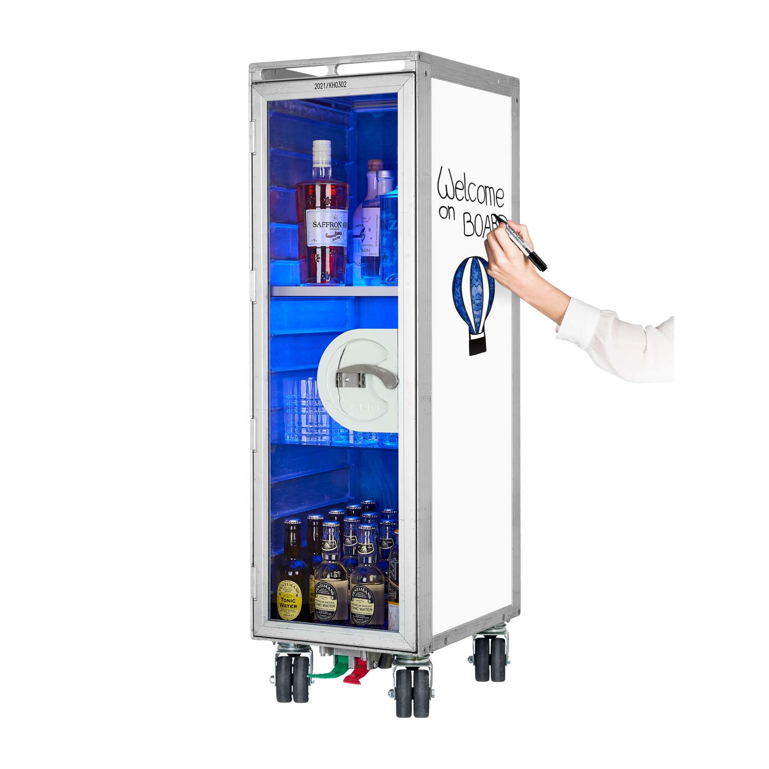 Bartrolley Whiteboard mit neuen Rollen inkl. LED-Leuchtfachboden, Barbrett & Fachboden aus Glas