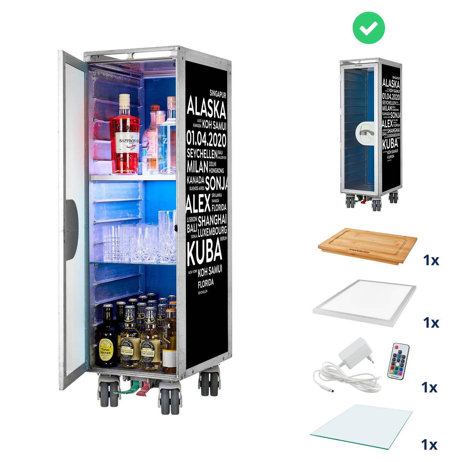 Bartrolley City mit Deinen Begriffen Schwarz inkl. LED-Leuchtfachboden, Barbrett & Fachboden aus Glas