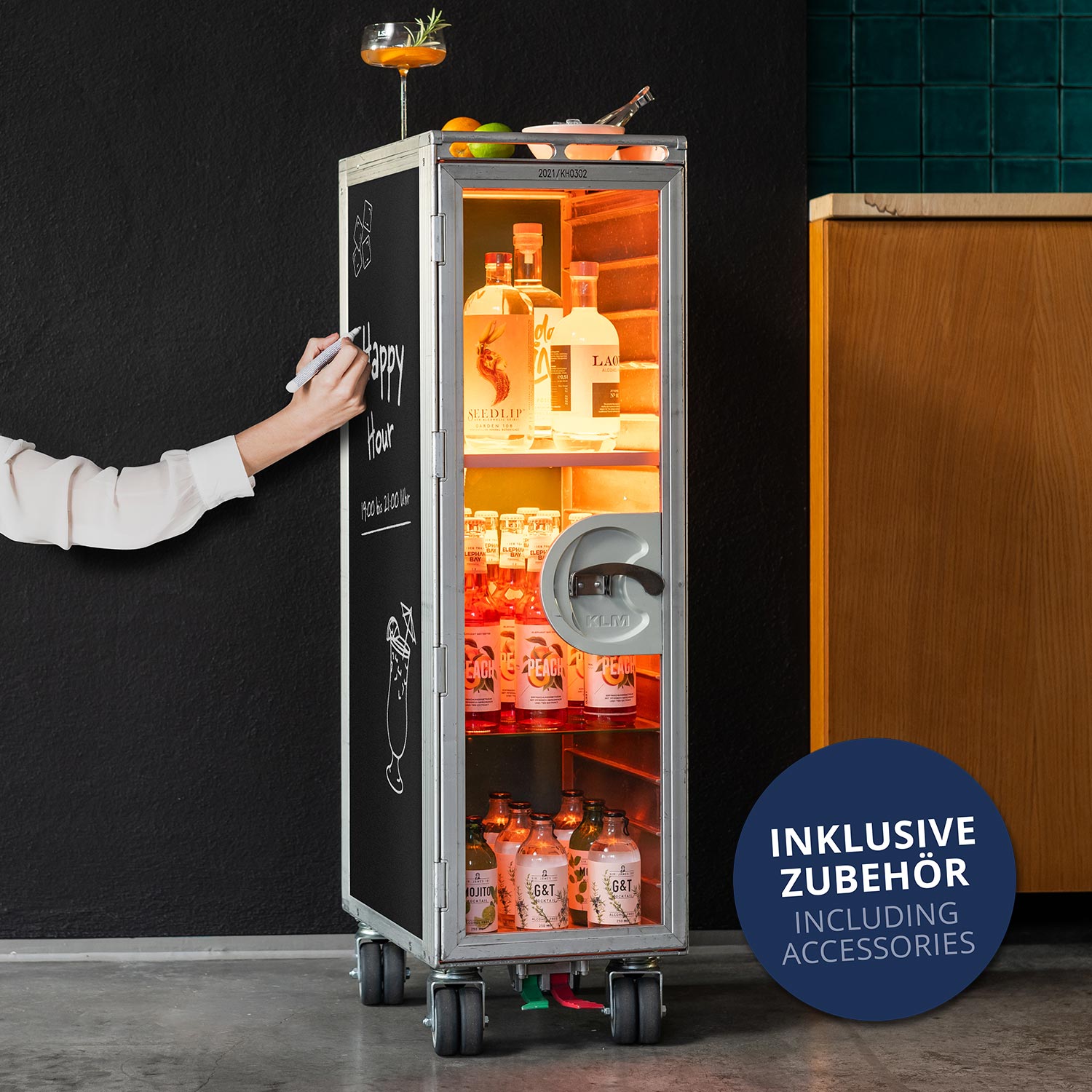 Bartrolley Old School inkl. LED-Leuchtfachboden, Barbrett & Fachboden aus Glas
