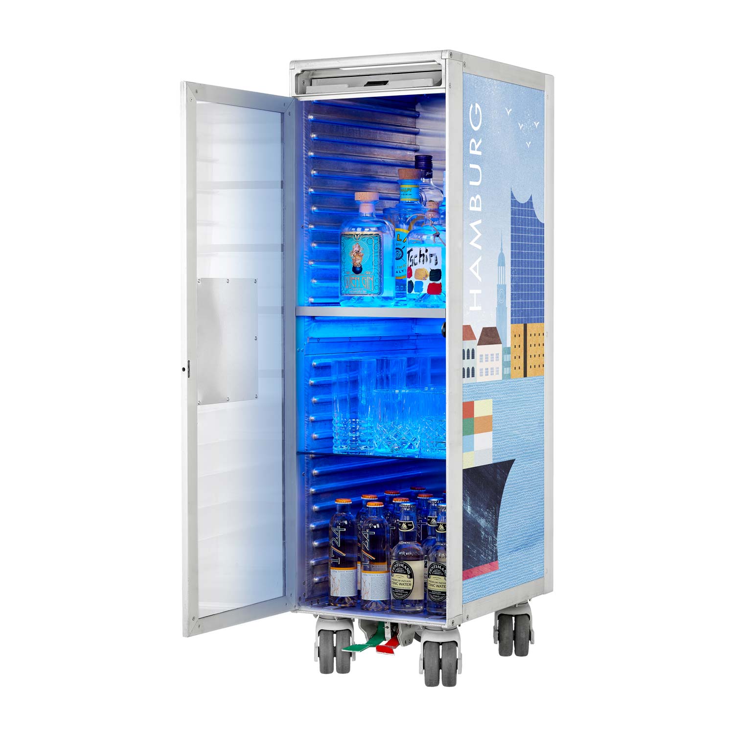 Airline Cart Bar Henry Rivers Edition Visit Hamburg incl. LED Shelf, small Cutting Board & Glass Shelf