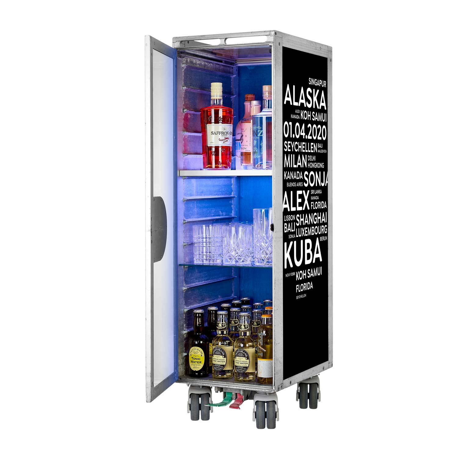 Bartrolley City mit Deinen Begriffen Schwarz inkl. LED-Leuchtfachboden, Barbrett & Fachboden aus Glas