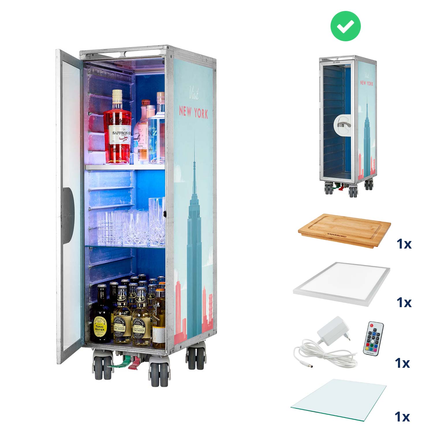 Airline Cart Bar Henry Rivers Edition Visit New York incl. LED Shelf, small Cutting Board & Glass Shelf