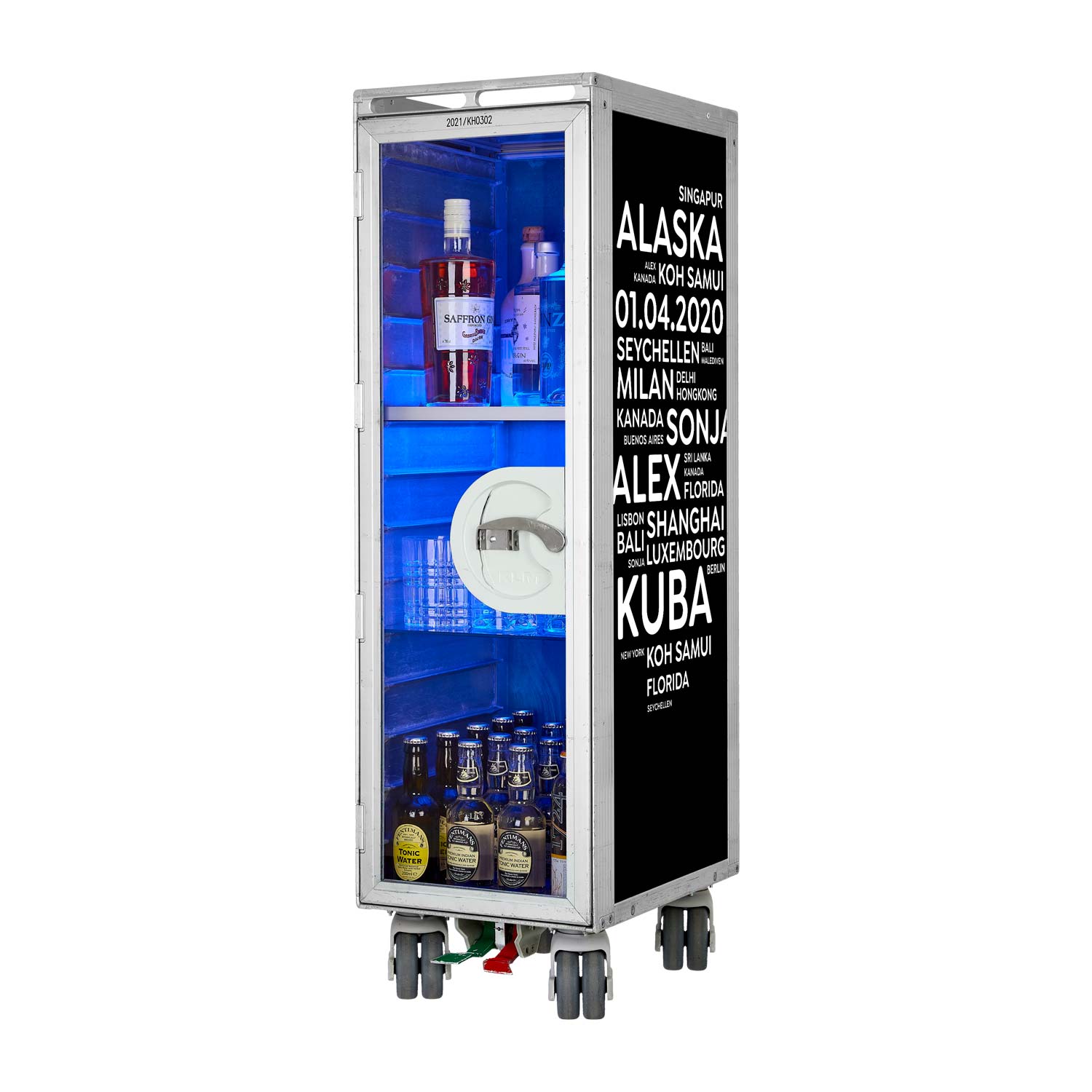 Bartrolley City mit Deinen Begriffen Schwarz inkl. LED-Leuchtfachboden, Barbrett & Fachboden aus Glas