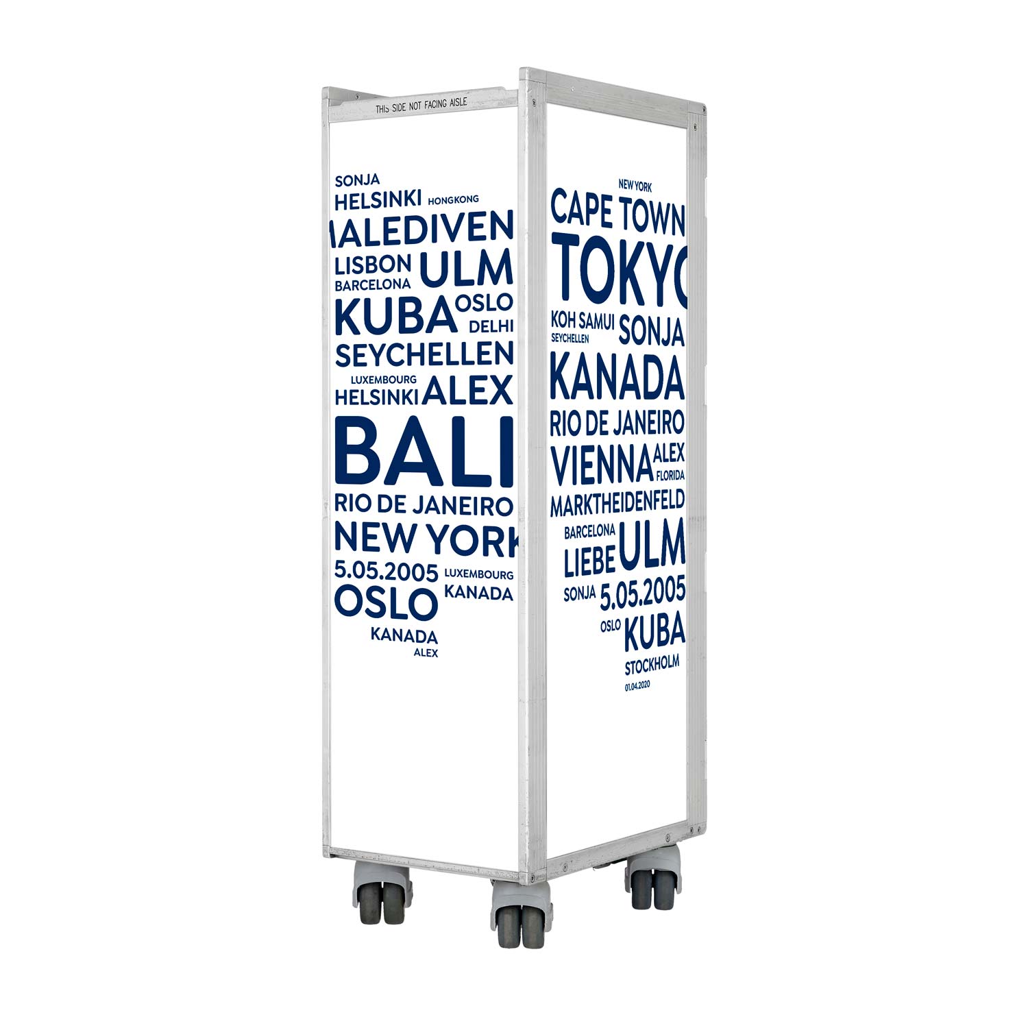 Airline Cart Bar Cities with YOUR TERMS White-Blue incl. LED Shelf, small Cutting Board & Glass Shelf