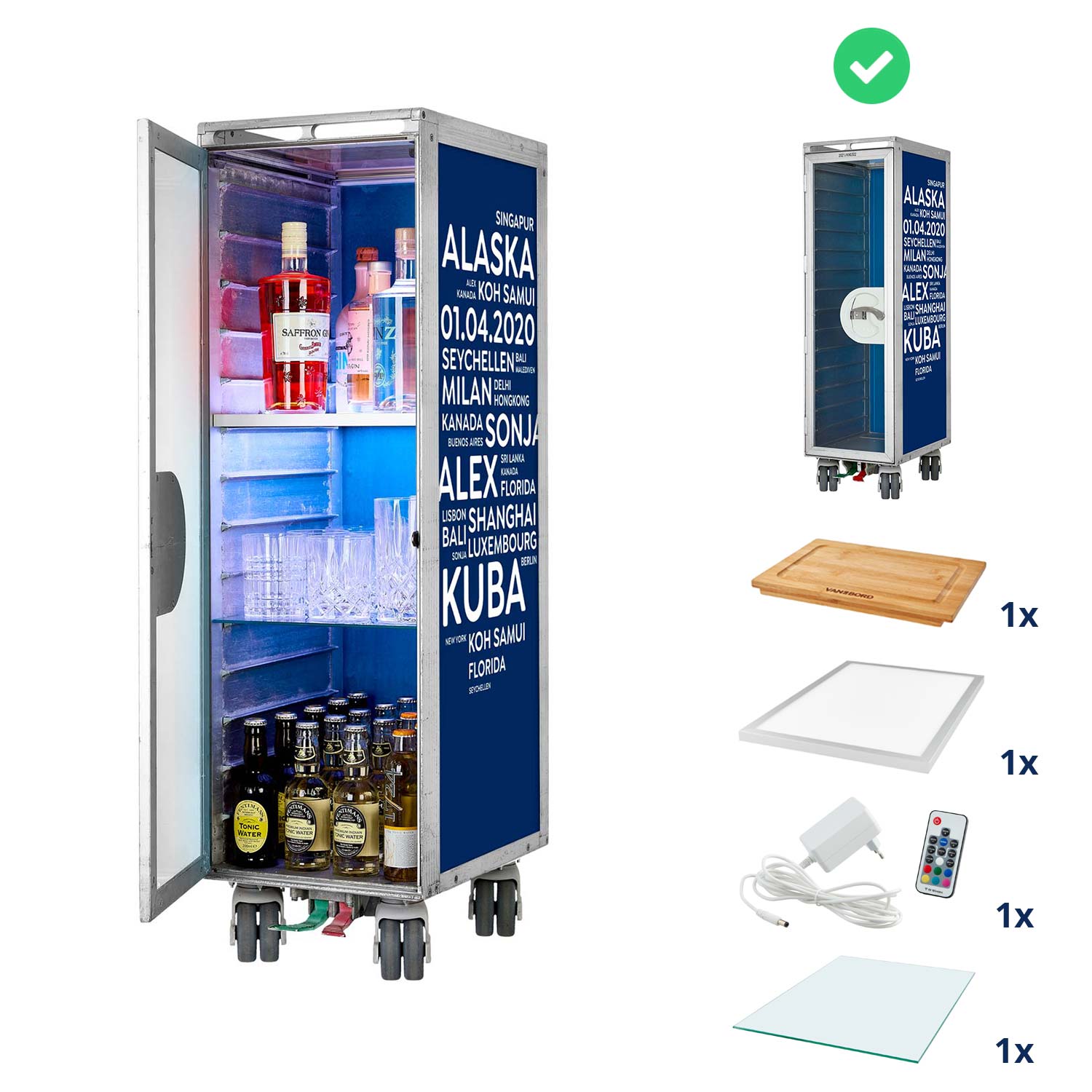 Bartrolley City mit Deinen Begriffen Blau inkl. LED-Leuchtfachboden, Barbrett & Fachboden aus Glas