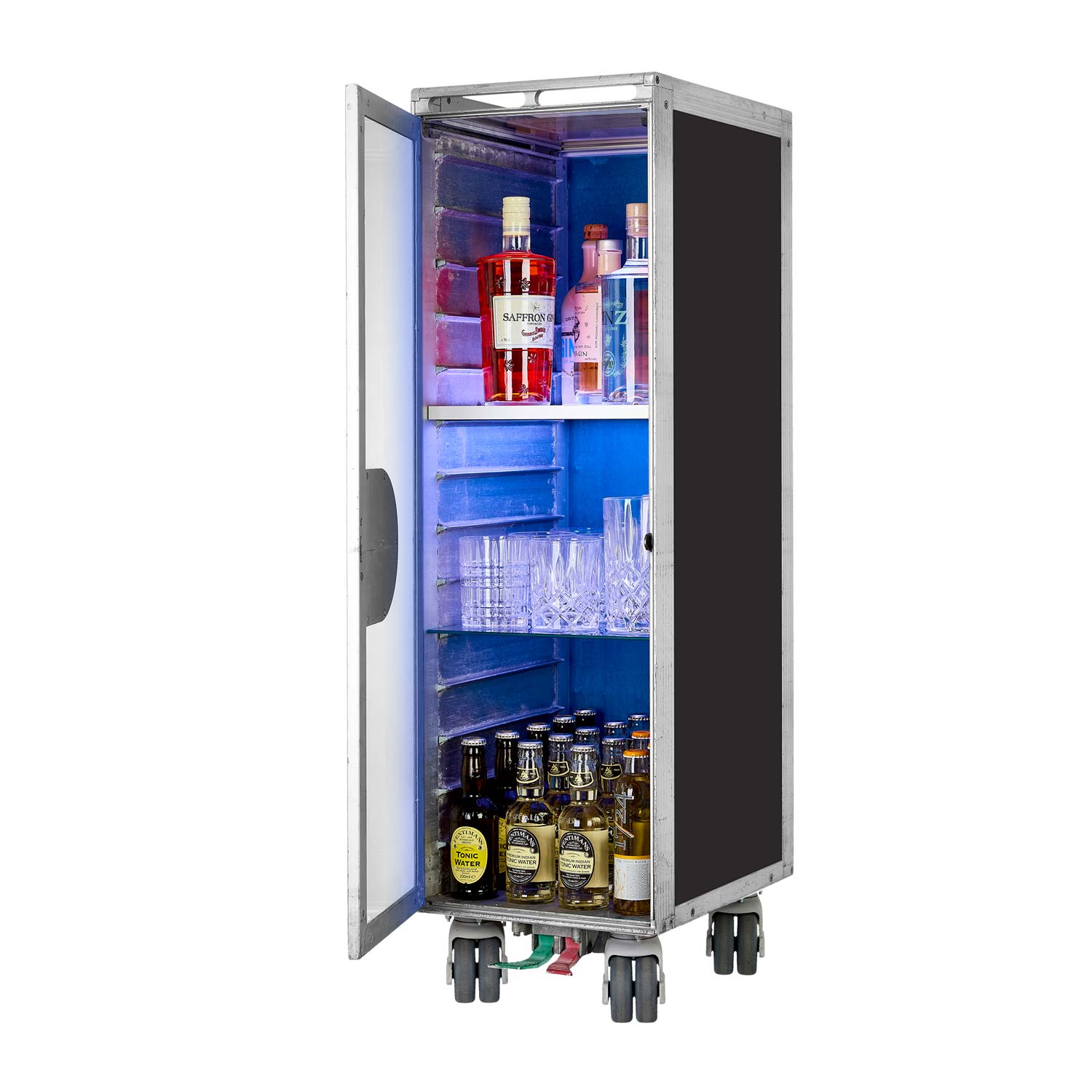Bartrolley Uni Schwarz inkl. LED-Leuchtfachboden, Barbrett & Fachboden aus Glas