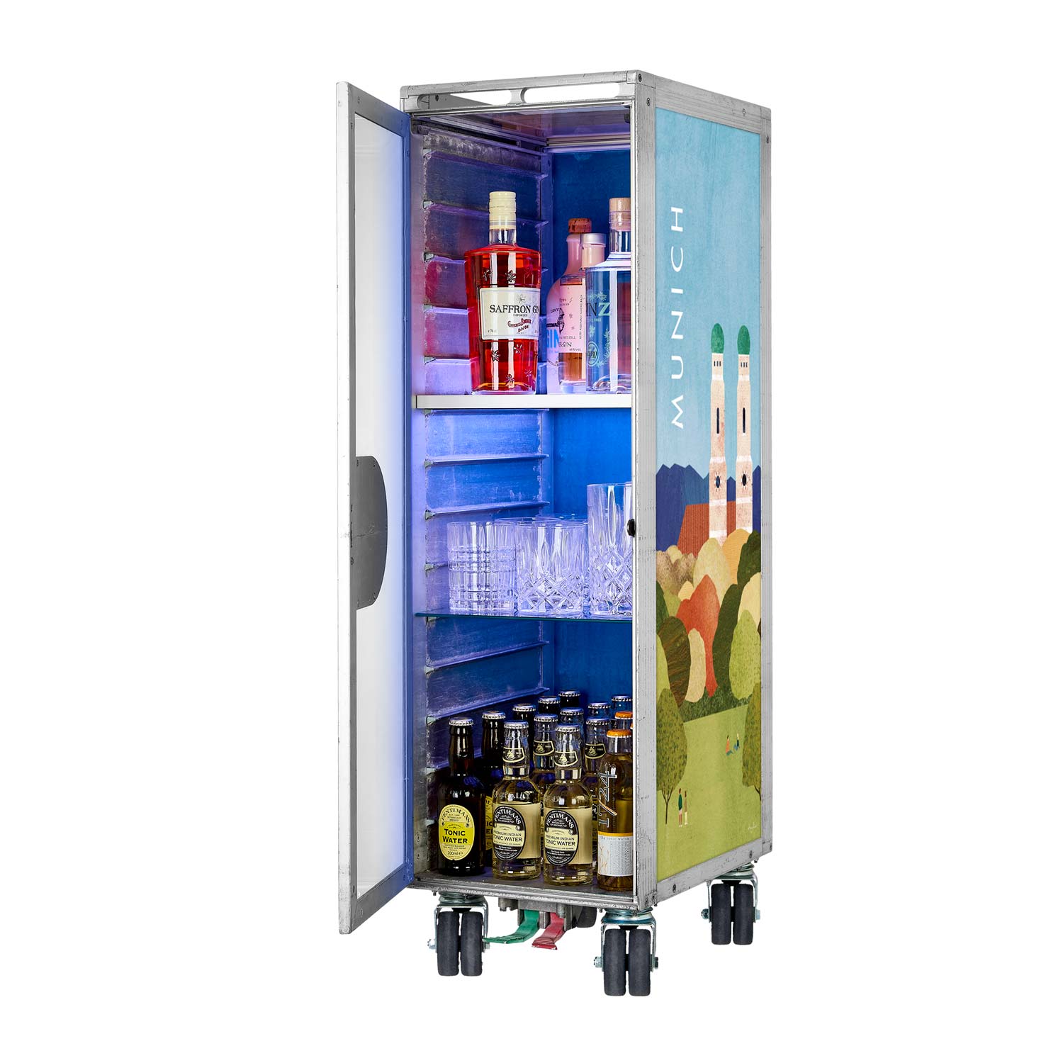 Bartrolley Henry Rivers Edition Visit Munich mit neuen Rollen inkl. LED-Leuchtfachboden, Barbrett & Fachboden aus Glas