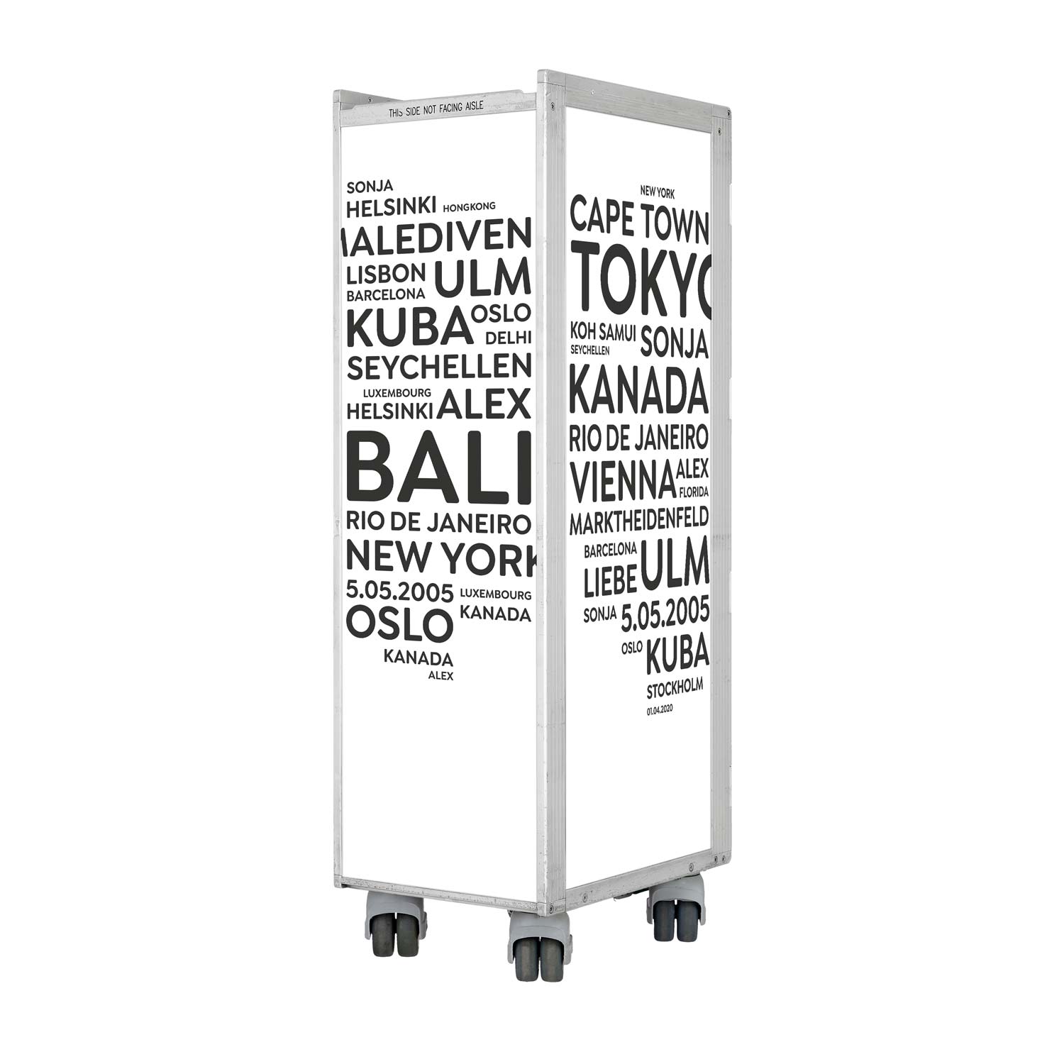 Airline Cart Bar Cities with YOUR TERMS White-Anthracite incl. LED Shelf, small Cutting Board & Glass Shelf