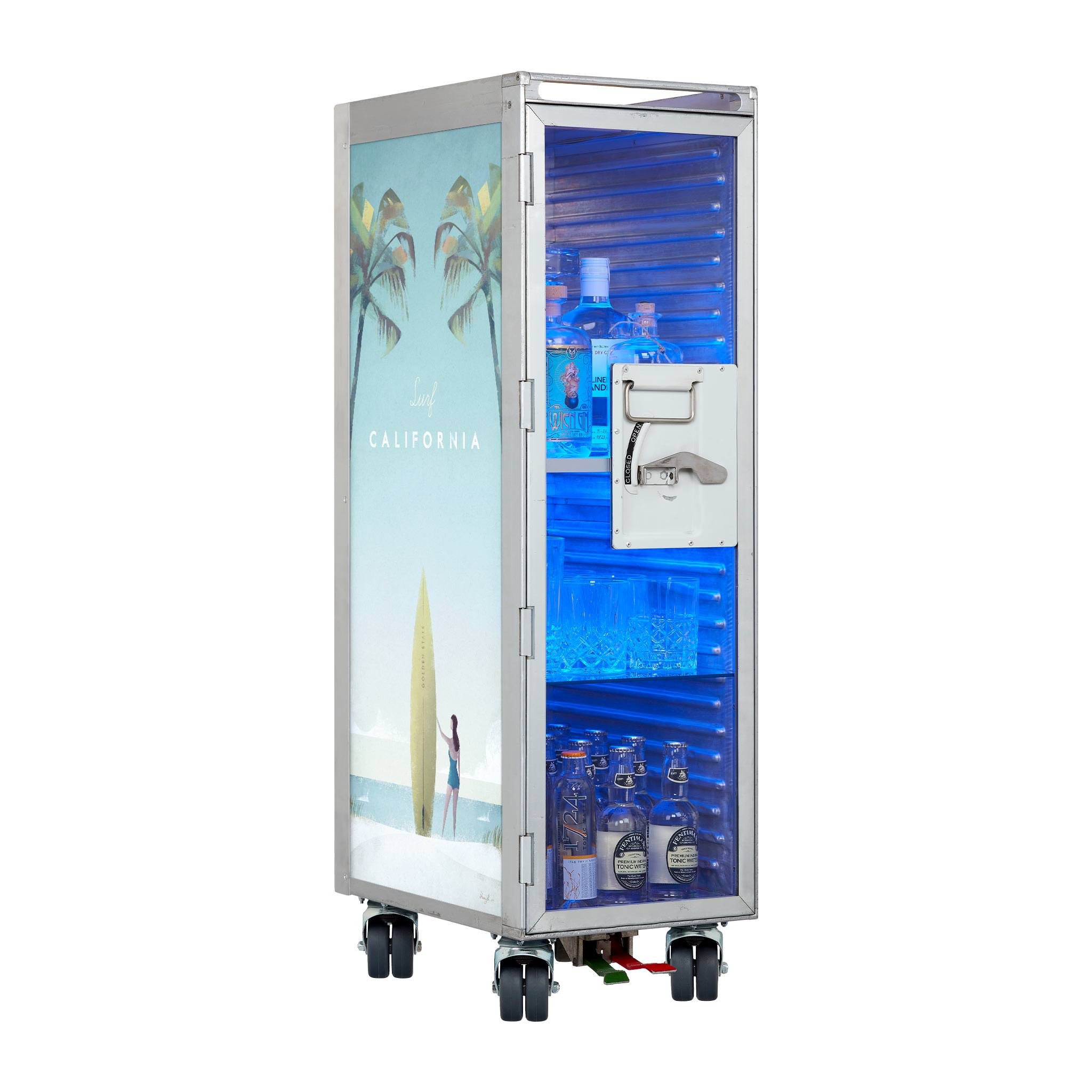 Airline Cart Bar Henry Rivers Edition Surf California with new Castors incl. LED Shelf, small Cutting Board & Glass Shelf