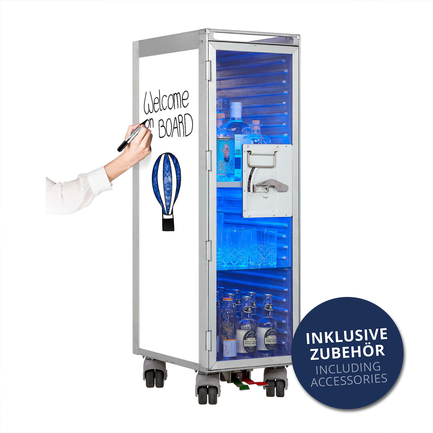Bartrolley Whiteboard inkl. LED-Leuchtfachboden, Barbrett & Fachboden aus Glas