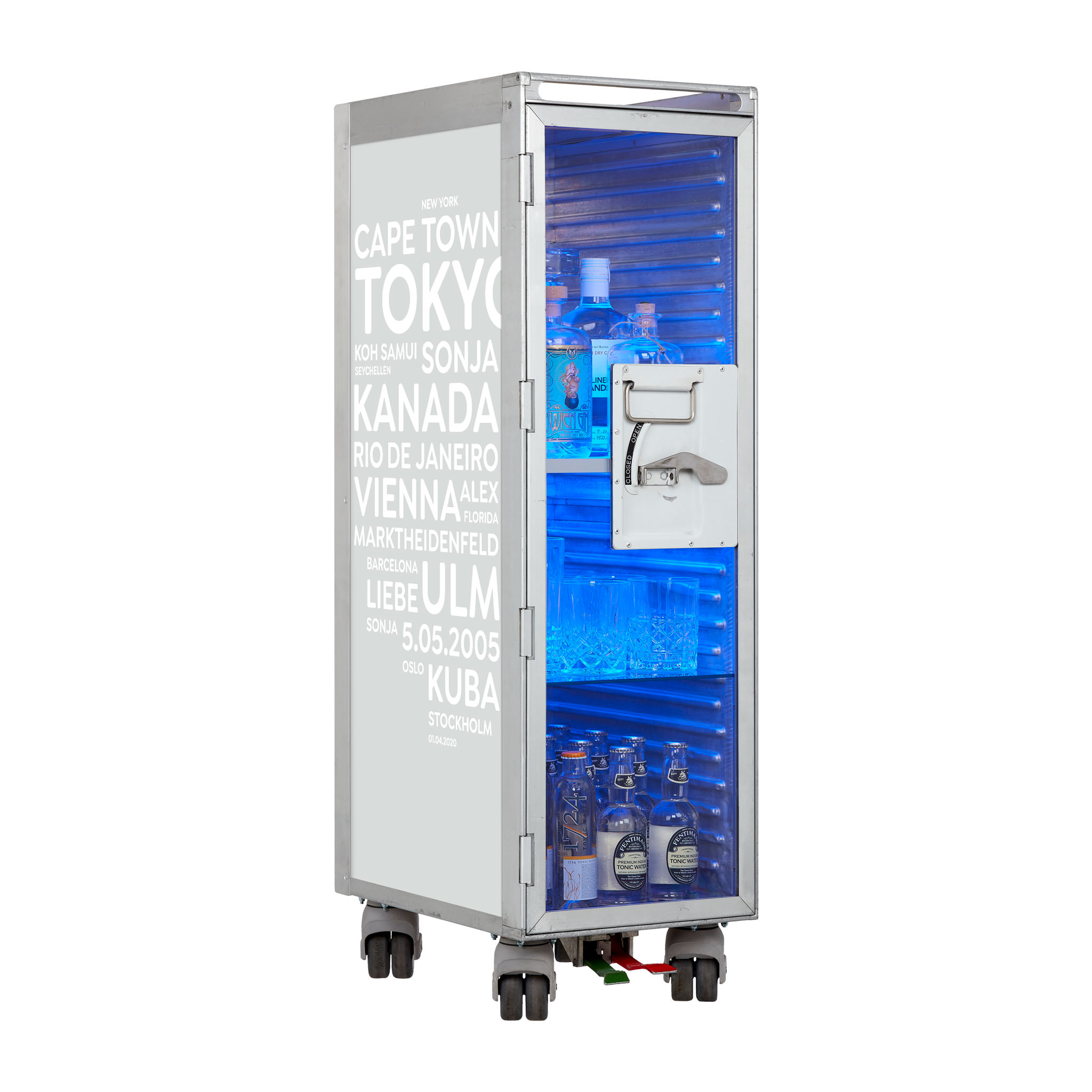 Airline Cart Bar Cities with YOUR TERMS Airline Grey incl. LED Shelf, small Cutting Board & Glass Shelf