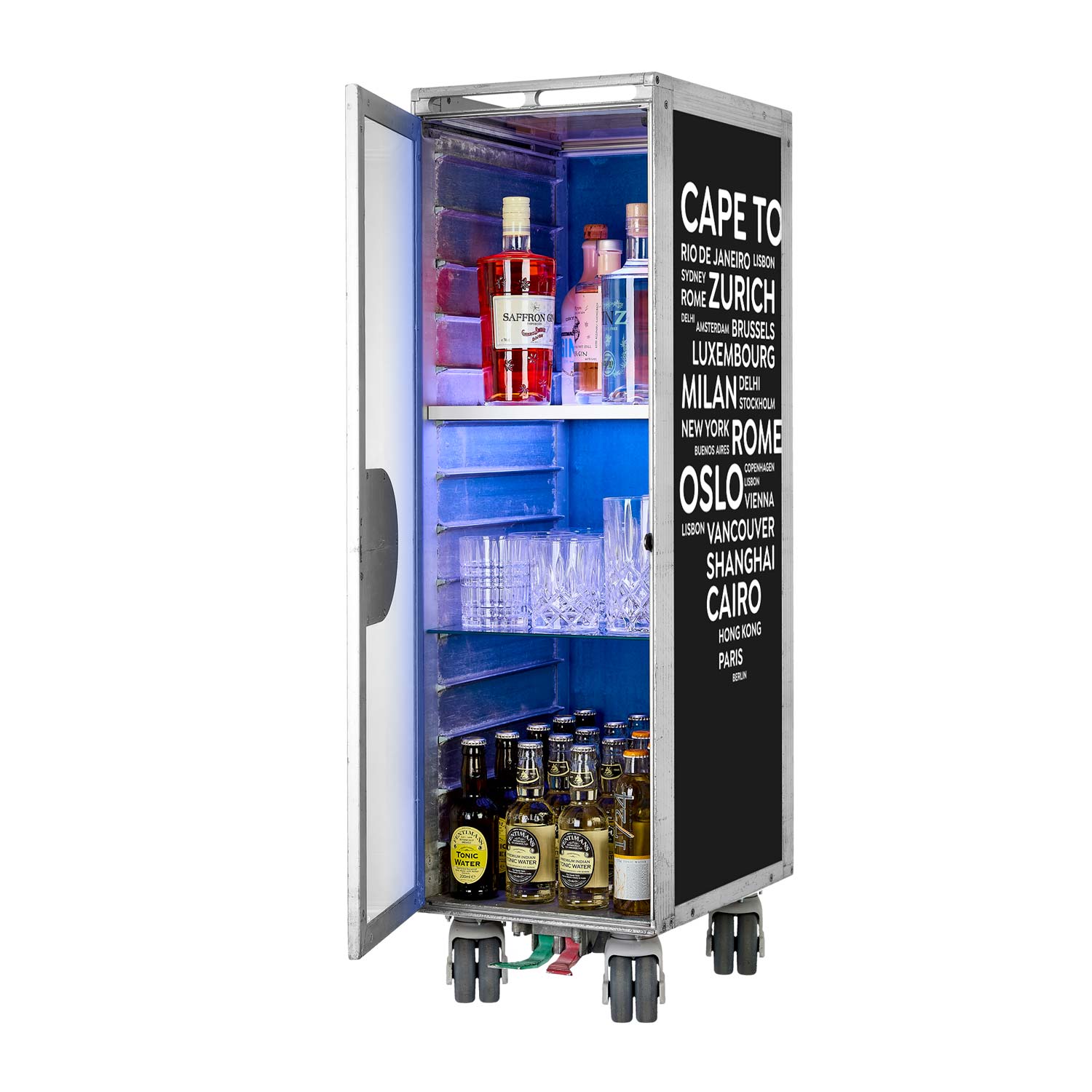 Bartrolley City Schwarz inkl. LED-Leuchtfachboden, Barbrett & Fachboden aus Glas