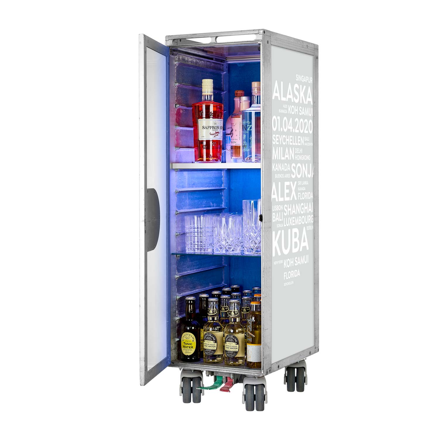 Bartrolley City mit Deinen Begriffen Airlinegrau inkl. LED-Leuchtfachboden, Barbrett & Fachboden aus Glas