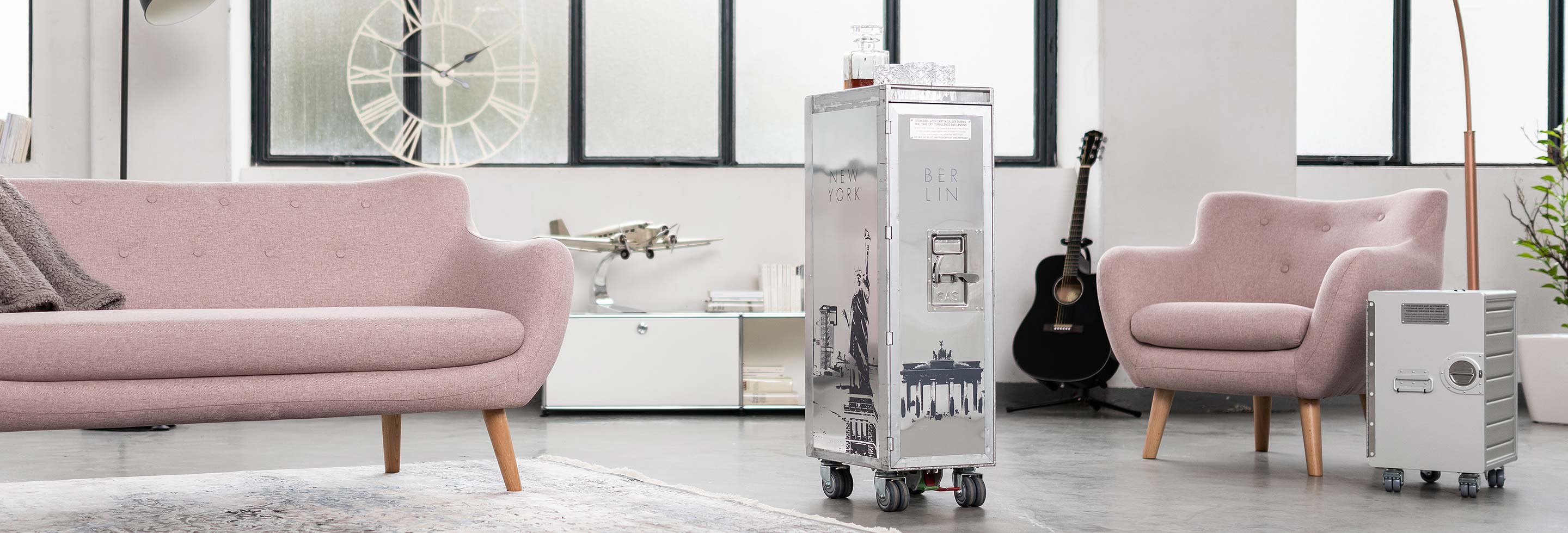 Airline trolley serving cart in industrial-style living room, gift for globetrotters