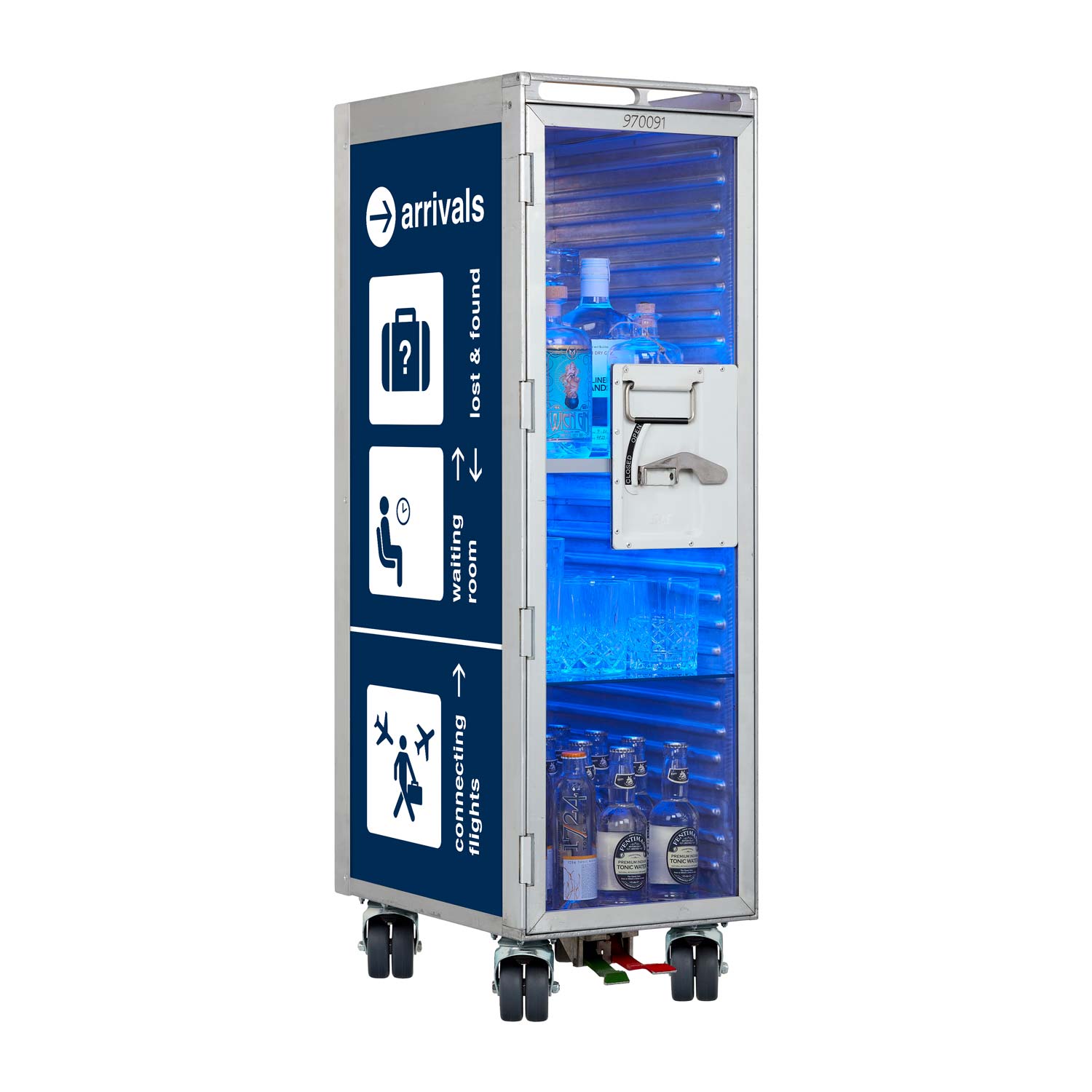 Bartrolley Bon Voyage Blau mit neuen Rollen inkl. LED-Leuchtfachboden, Barbrett & Fachboden aus Glas