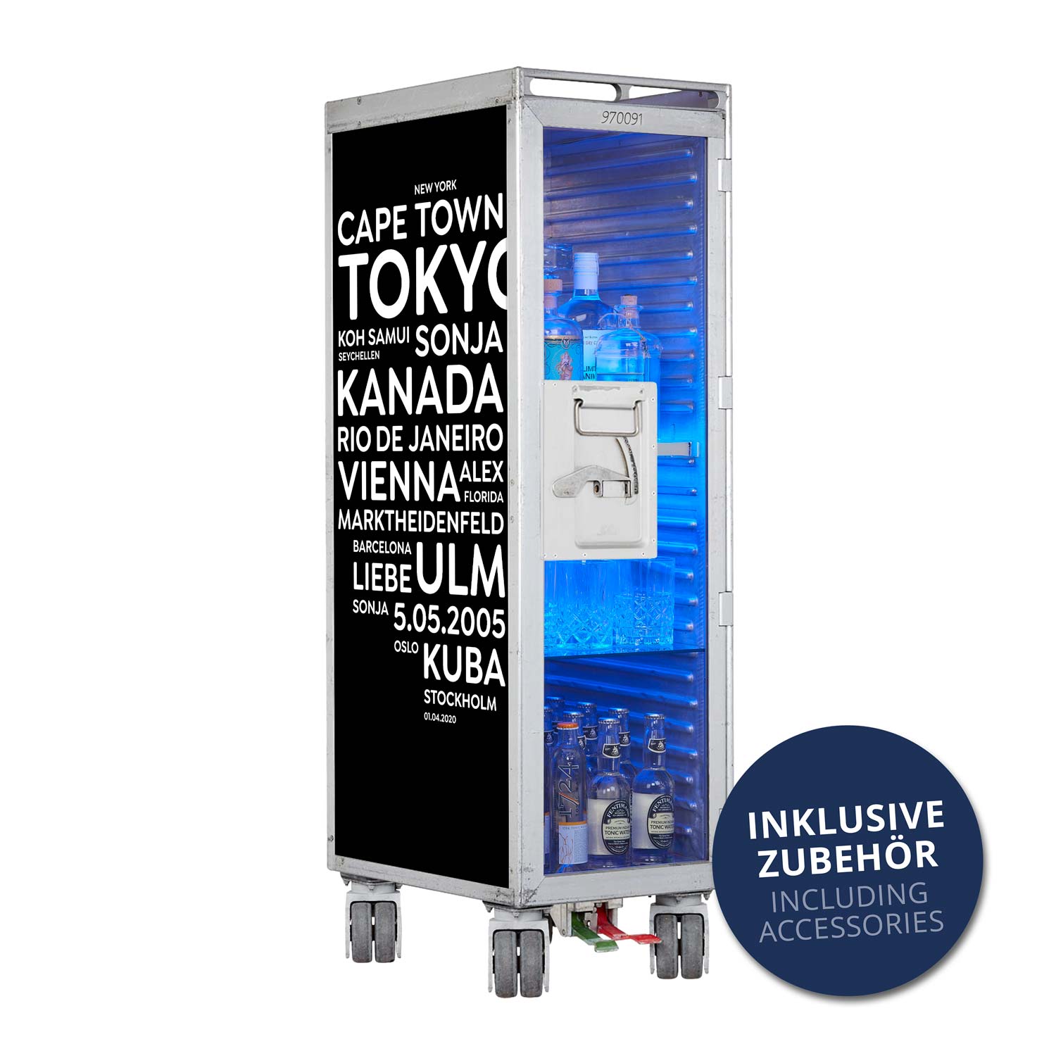 Bartrolley City mit Deinen Begriffen Schwarz inkl. LED-Leuchtfachboden, Barbrett & Fachboden aus Glas