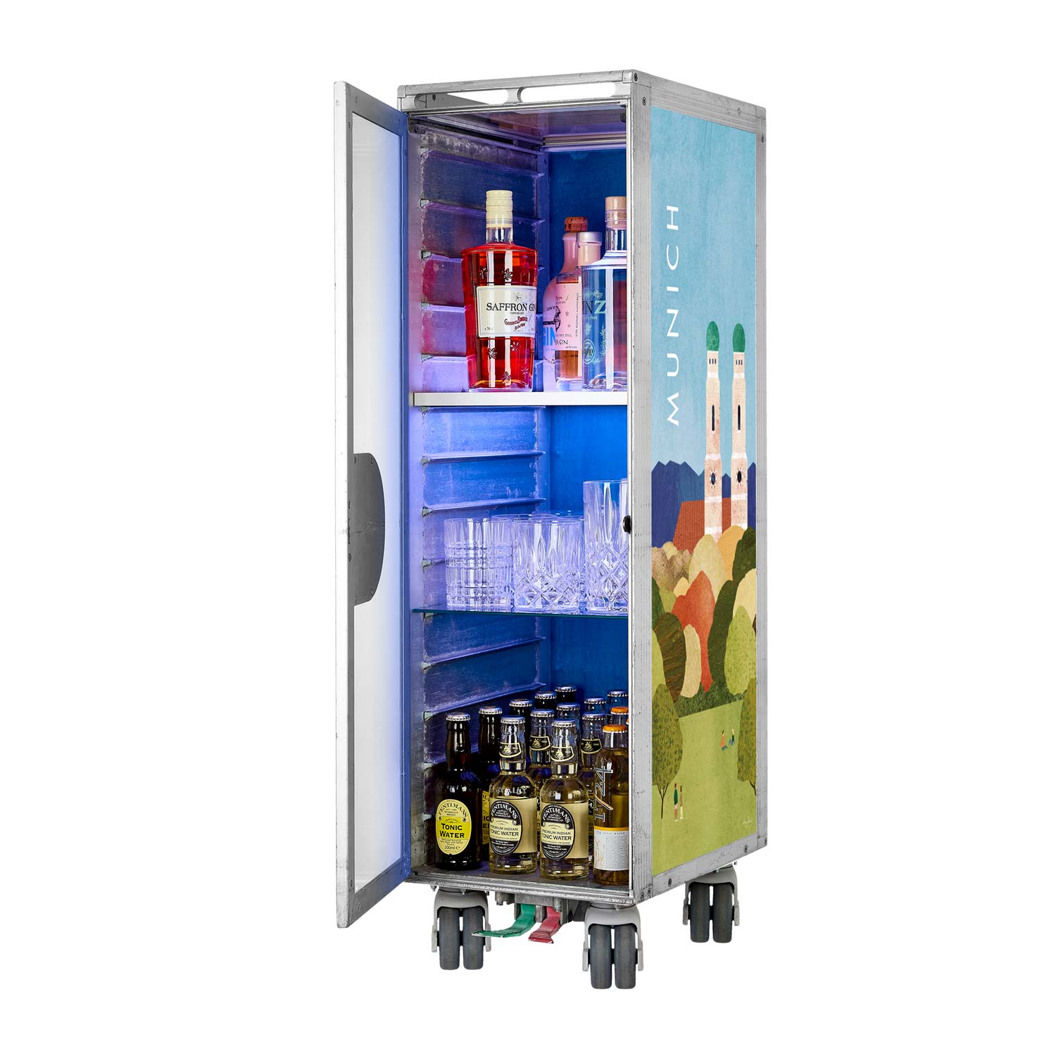 Airline Cart Bar Henry Rivers Edition Visit Munich incl. LED Shelf, small Cutting Board & Glass Shelf