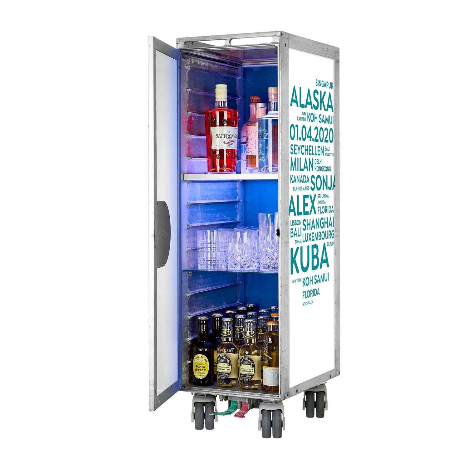 Airline Cart Bar Cities with YOUR TERMS White-Turquoise incl. LED Shelf, small Cutting Board & Glass Shelf