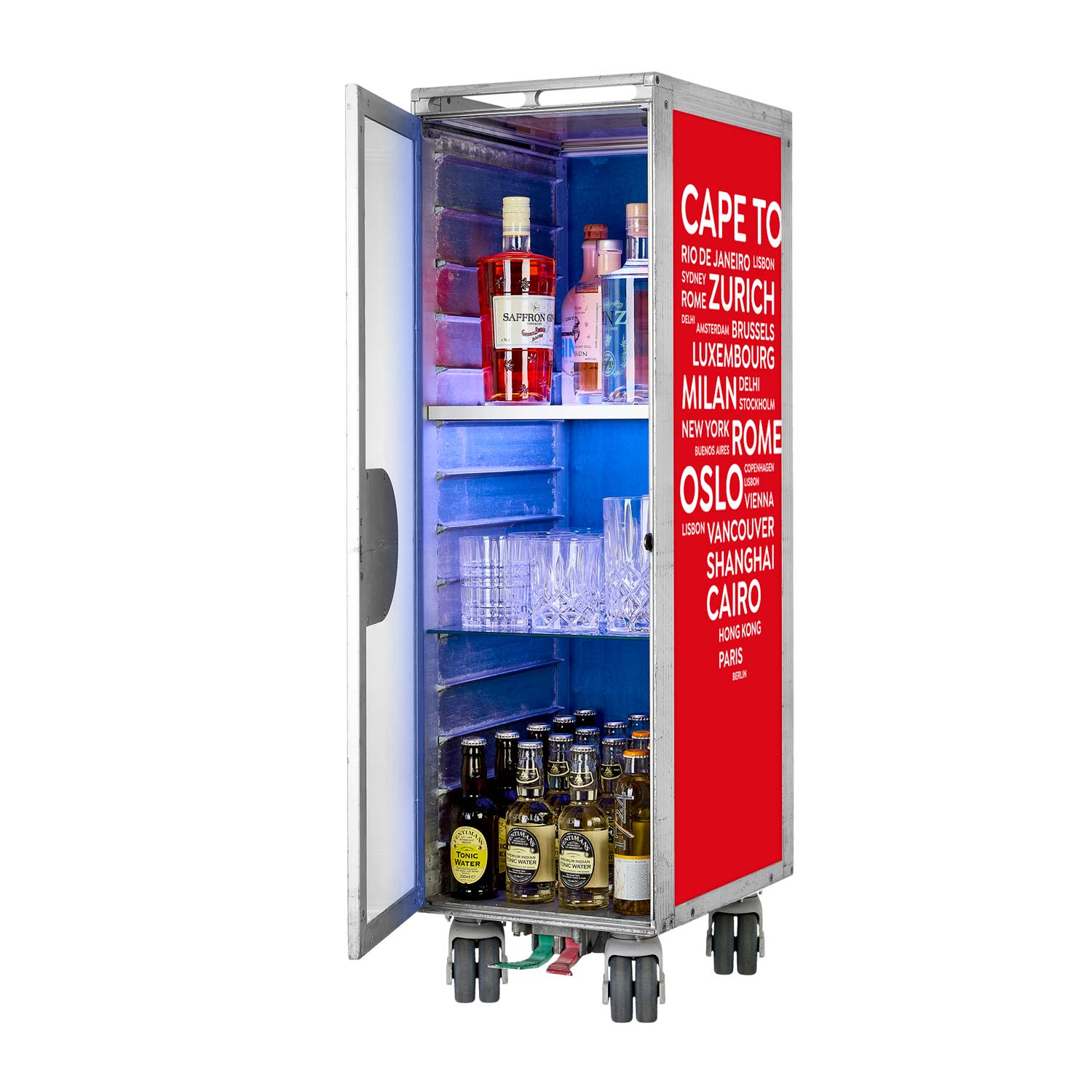 Bartrolley City Rot inkl. LED-Leuchtfachboden, Barbrett & Fachboden aus Glas