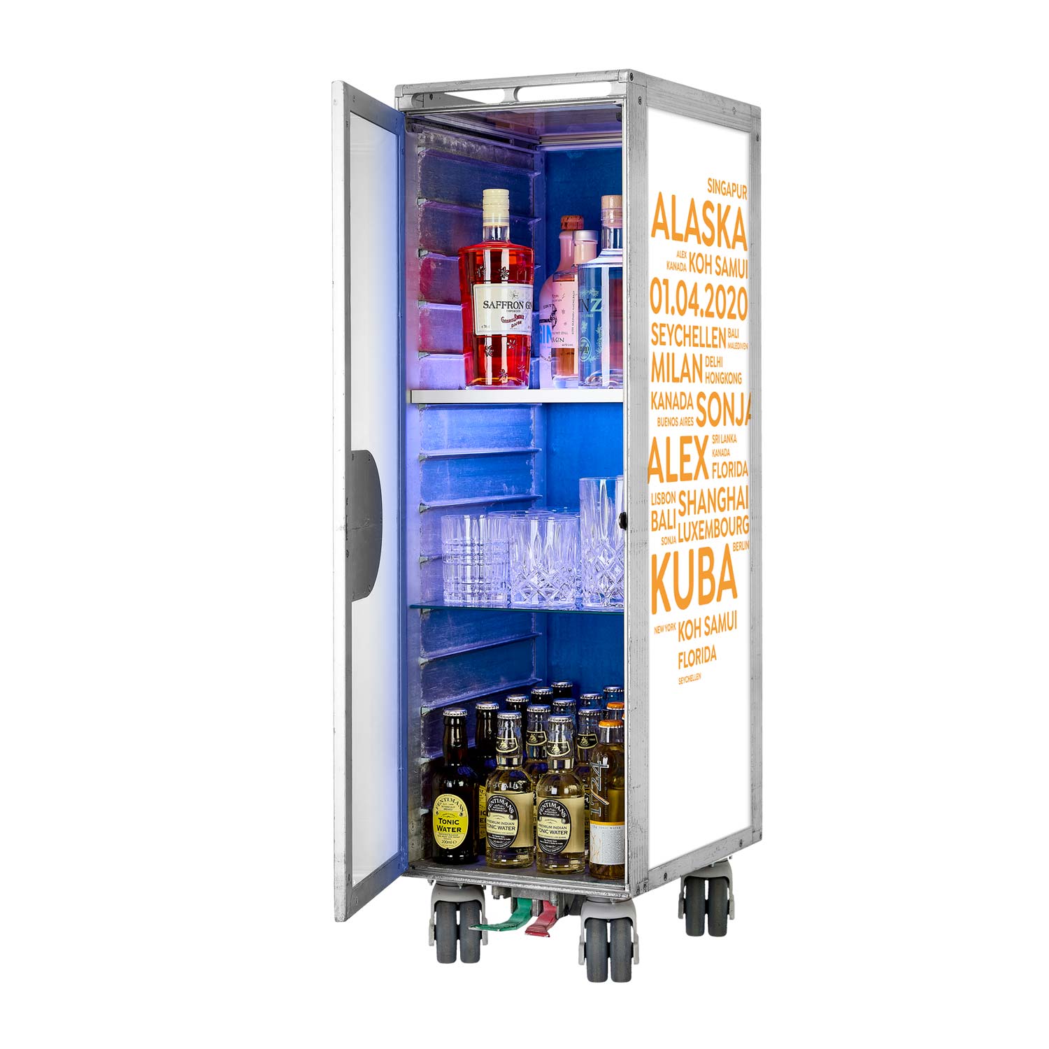 Bartrolley City mit Deinen Begriffen Weiss-Orange inkl. LED-Leuchtfachboden, Barbrett & Fachboden aus Glas
