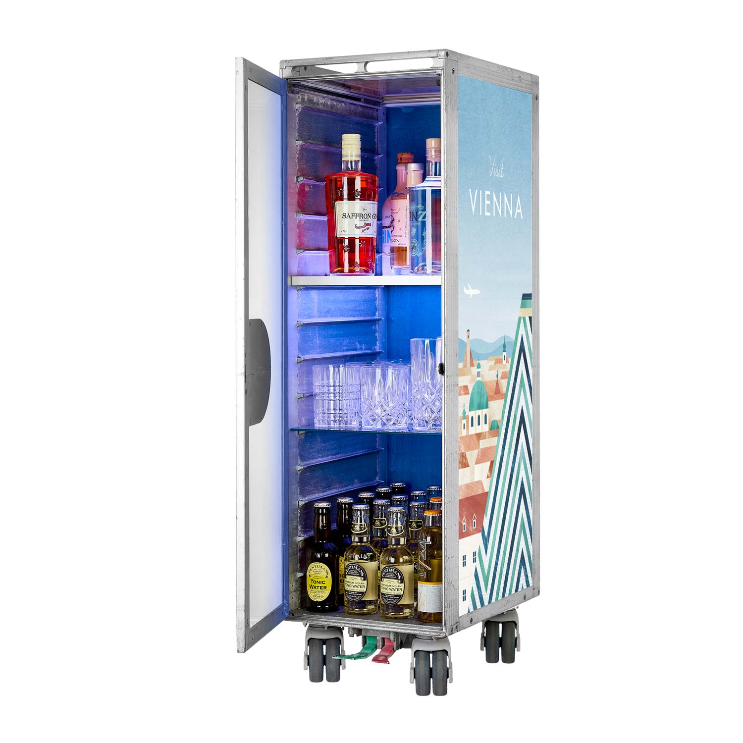 Airline Cart Bar Henry Rivers Edition Visit Vienna incl. LED Shelf, small Cutting Board & Glass Shelf