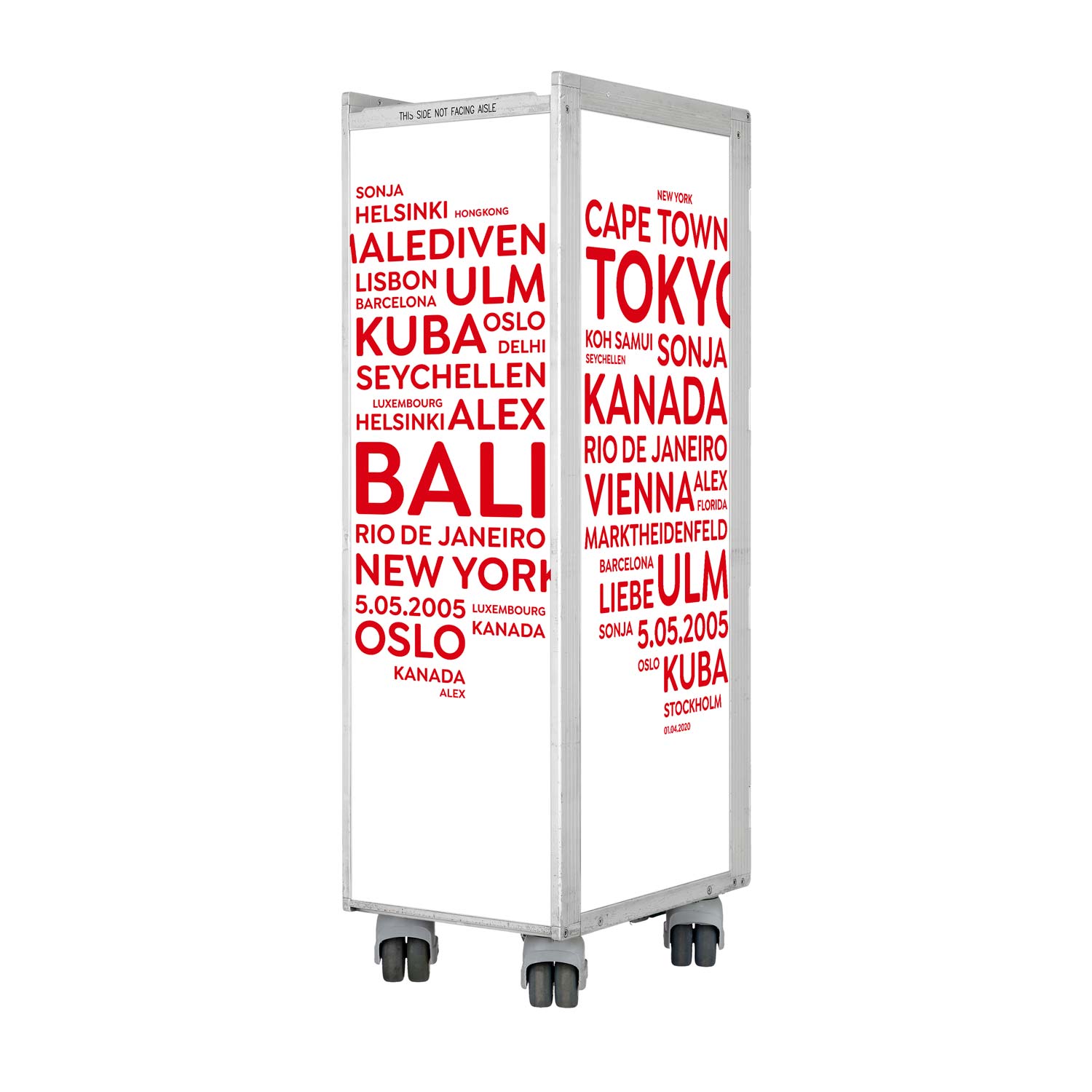 Airline Cart Bar Cities with YOUR TERMS White-Red incl. LED Shelf, small Cutting Board & Glass Shelf