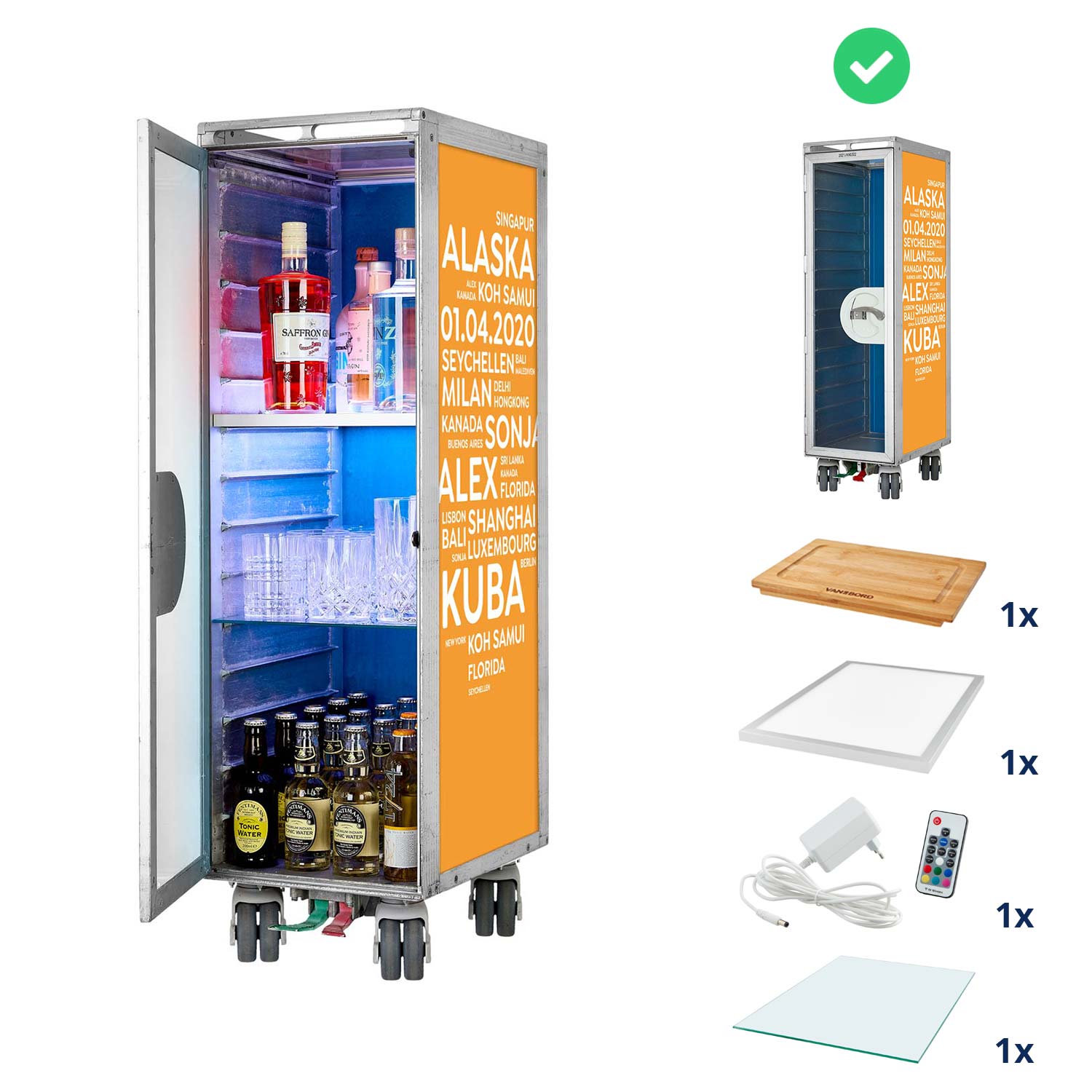 Bartrolley City mit Deinen Begriffen Orange inkl. LED-Leuchtfachboden, Barbrett & Fachboden aus Glas
