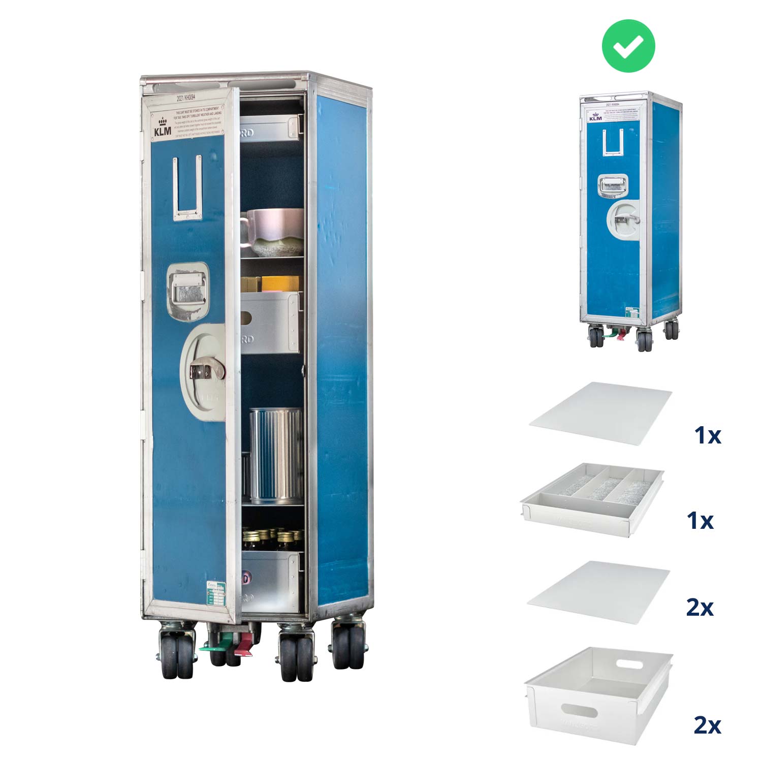 Original KLM Flugzeugtrolley, gebraucht, gereinigt & geprüft, inkl. Ausstattungspaket Kaffeebar