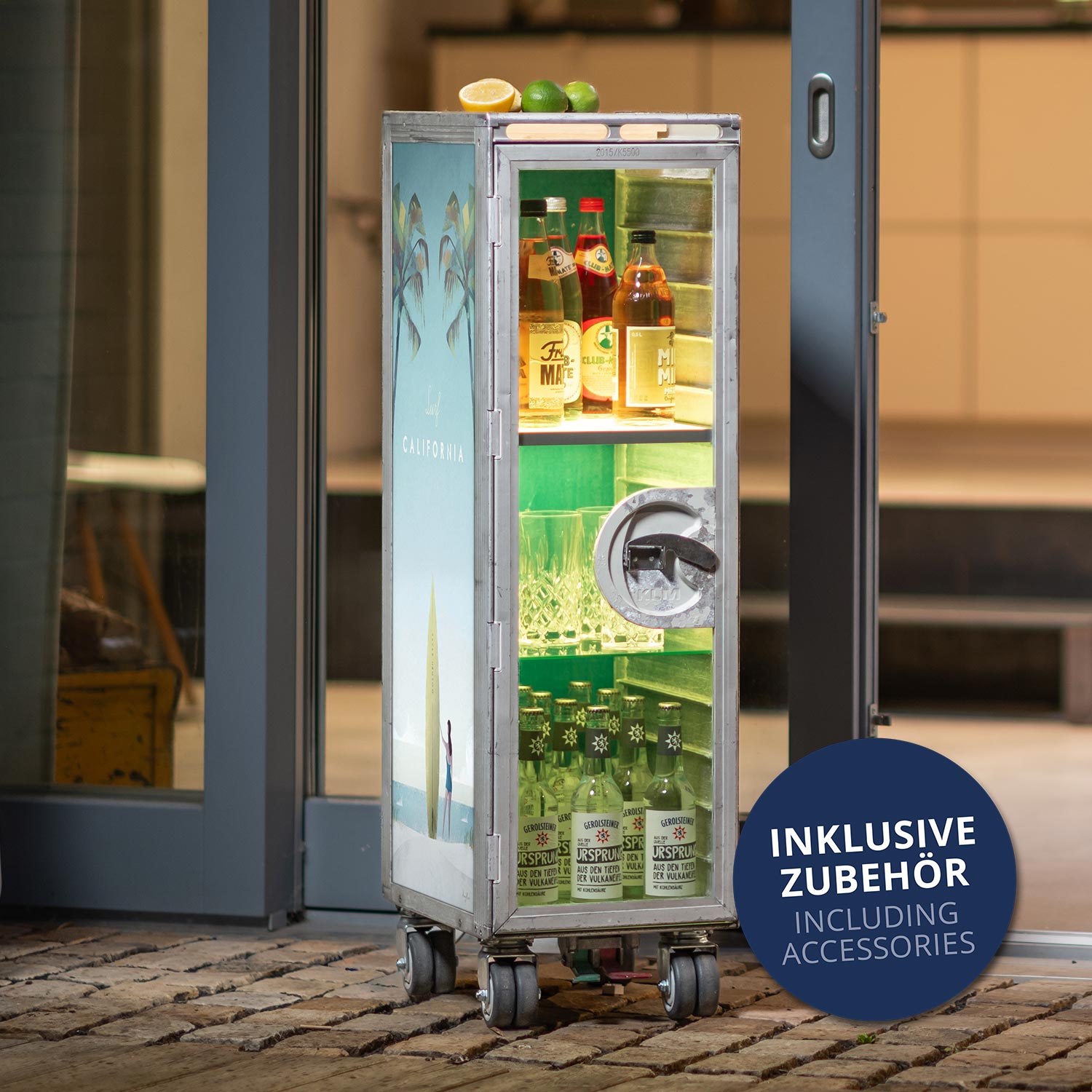 Bartrolley Henry Rivers Edition Surf California inkl. LED-Leuchtfachboden, Barbrett & Fachboden aus Glas