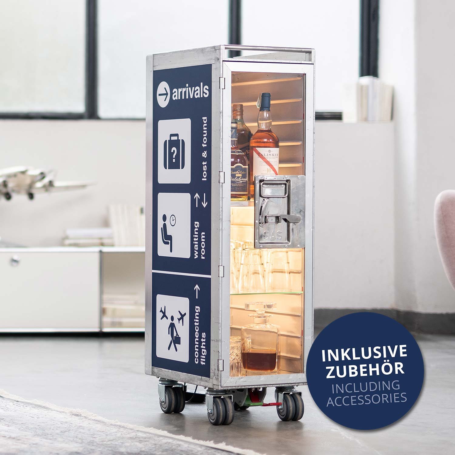 Bartrolley Bon Voyage Blau inkl. LED-Leuchtfachboden, Barbrett & Fachboden aus Glas