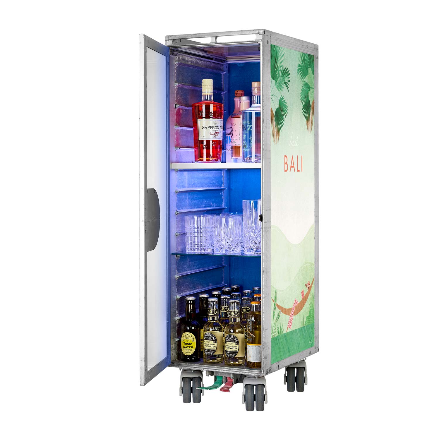 Bartrolley Henry Rivers Edition Visit Bali inkl. LED-Leuchtfachboden, Barbrett & Fachboden aus Glas