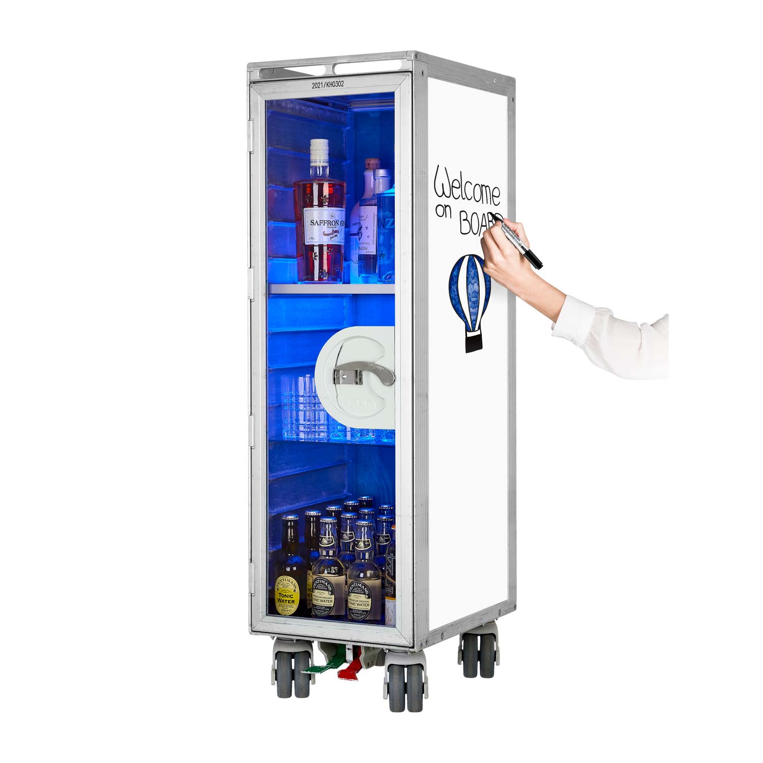 Bartrolley Whiteboard inkl. LED-Leuchtfachboden, Barbrett & Fachboden aus Glas