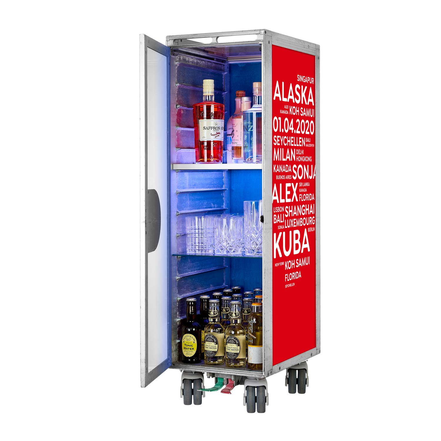 Bartrolley City mit Deinen Begriffen Rot inkl. LED-Leuchtfachboden, Barbrett & Fachboden aus Glas