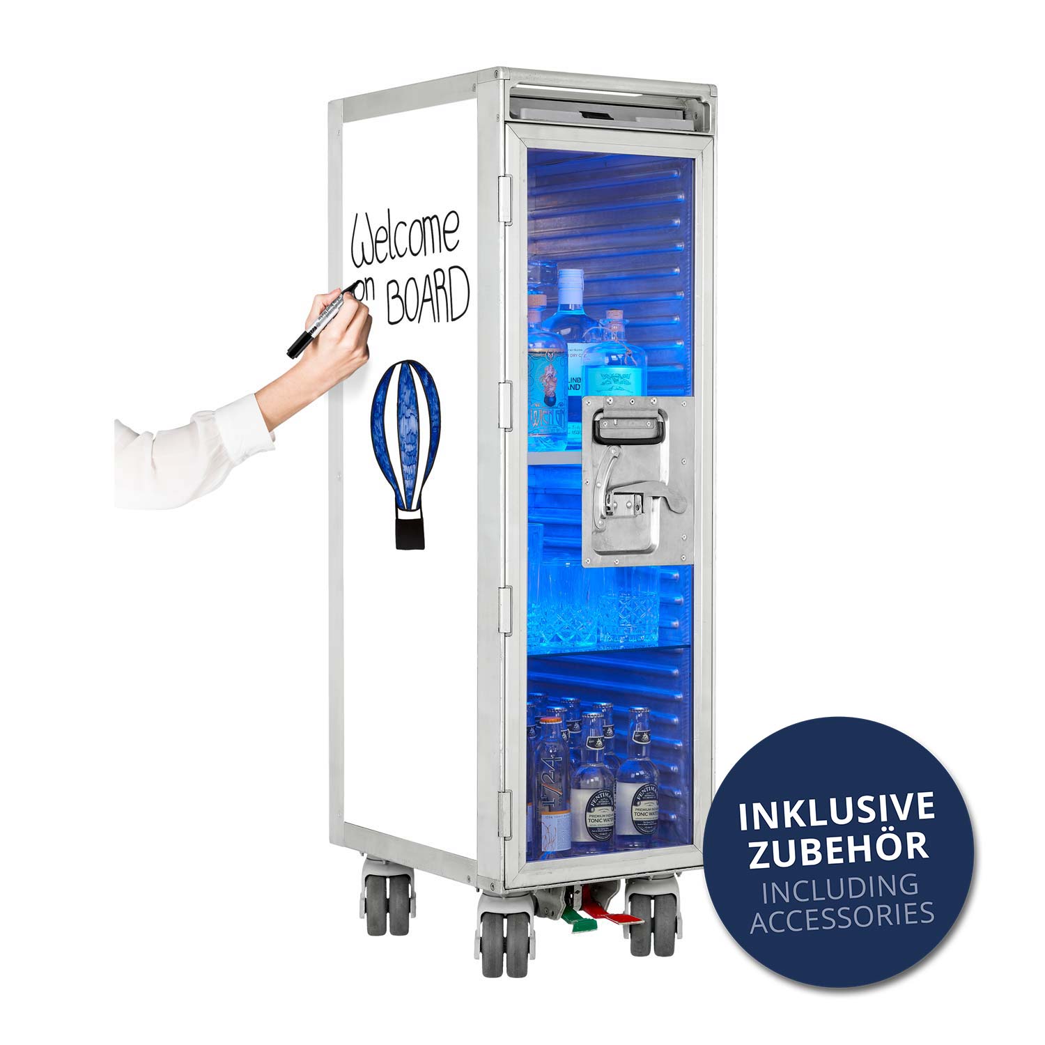 Bartrolley Whiteboard inkl. LED-Leuchtfachboden, Barbrett & Fachboden aus Glas