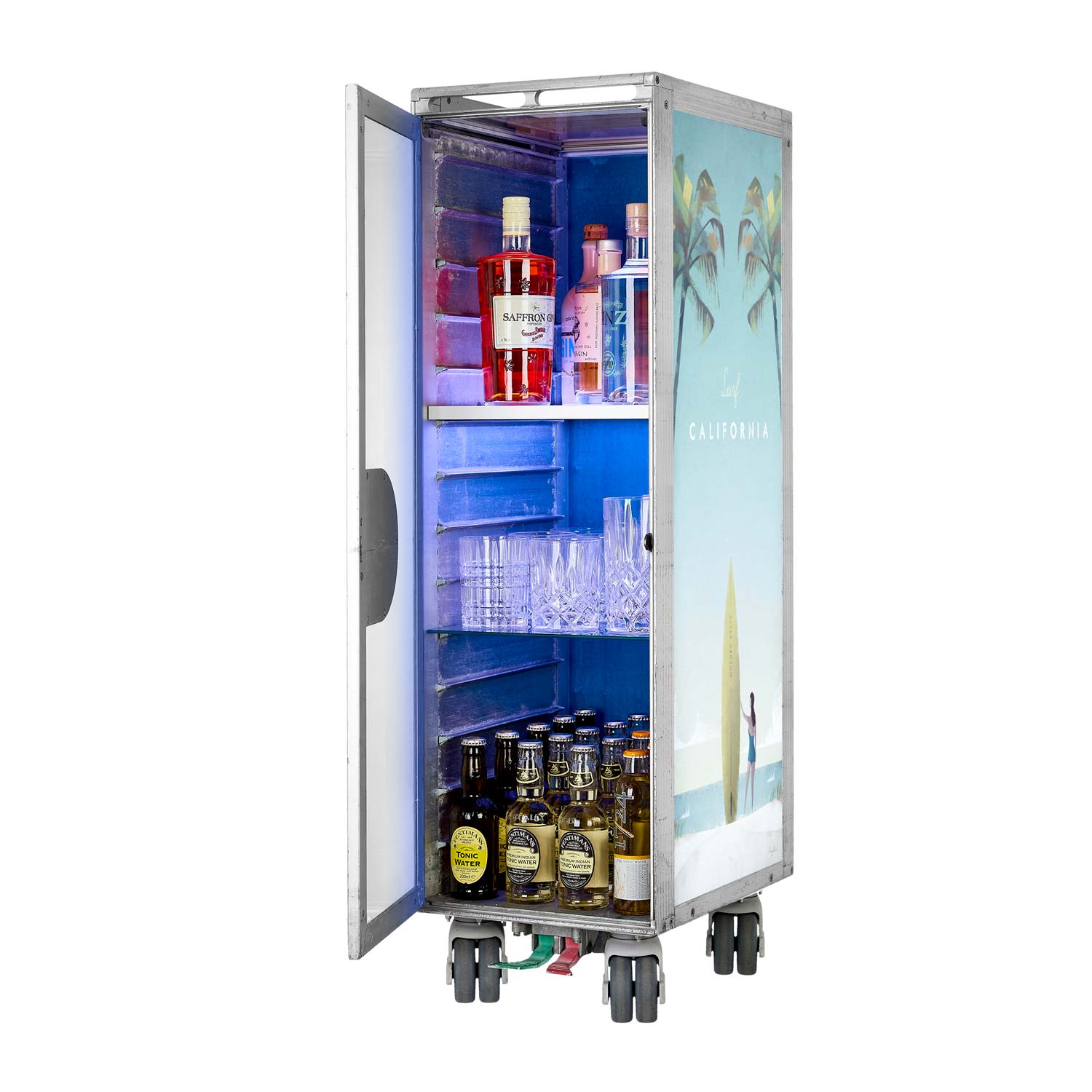 Bartrolley Henry Rivers Edition Surf California inkl. LED-Leuchtfachboden, Barbrett & Fachboden aus Glas