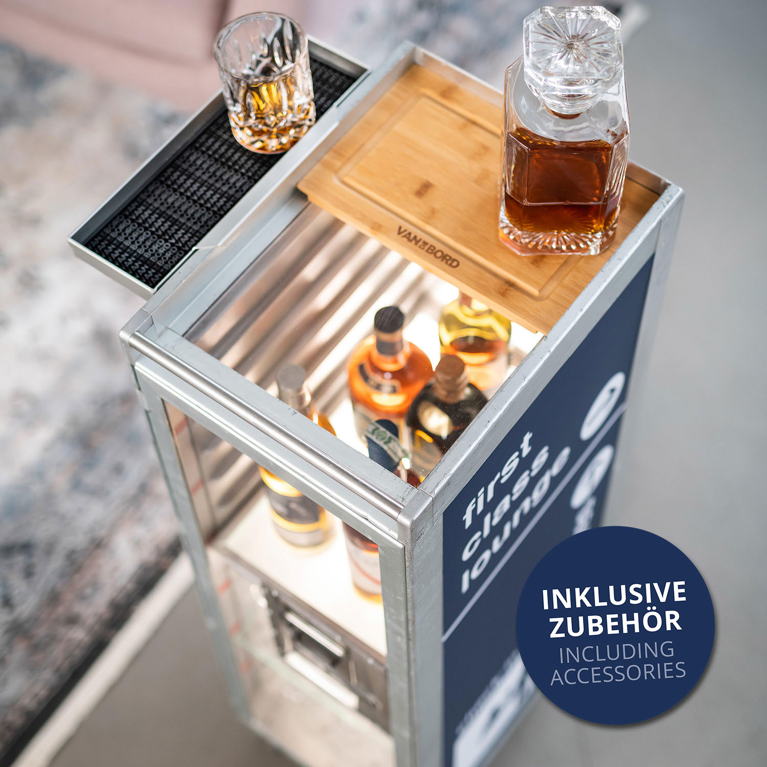 Bartrolley Bon Voyage Blau inkl. LED-Leuchtfachboden, Barbrett & Fachboden aus Glas
