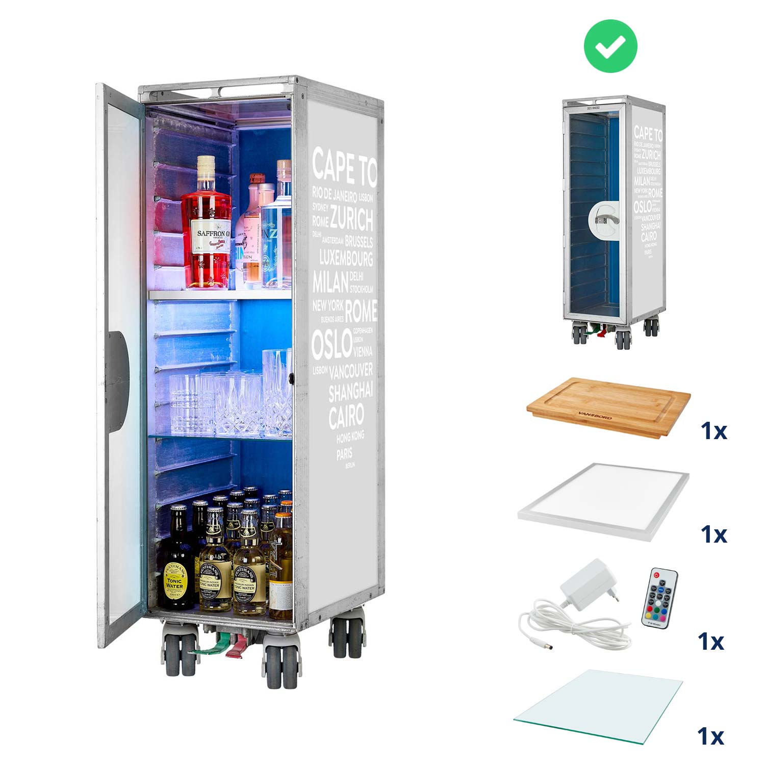 Bartrolley City Airlinegrau inkl. LED-Leuchtfachboden, Barbrett & Fachboden aus Glas